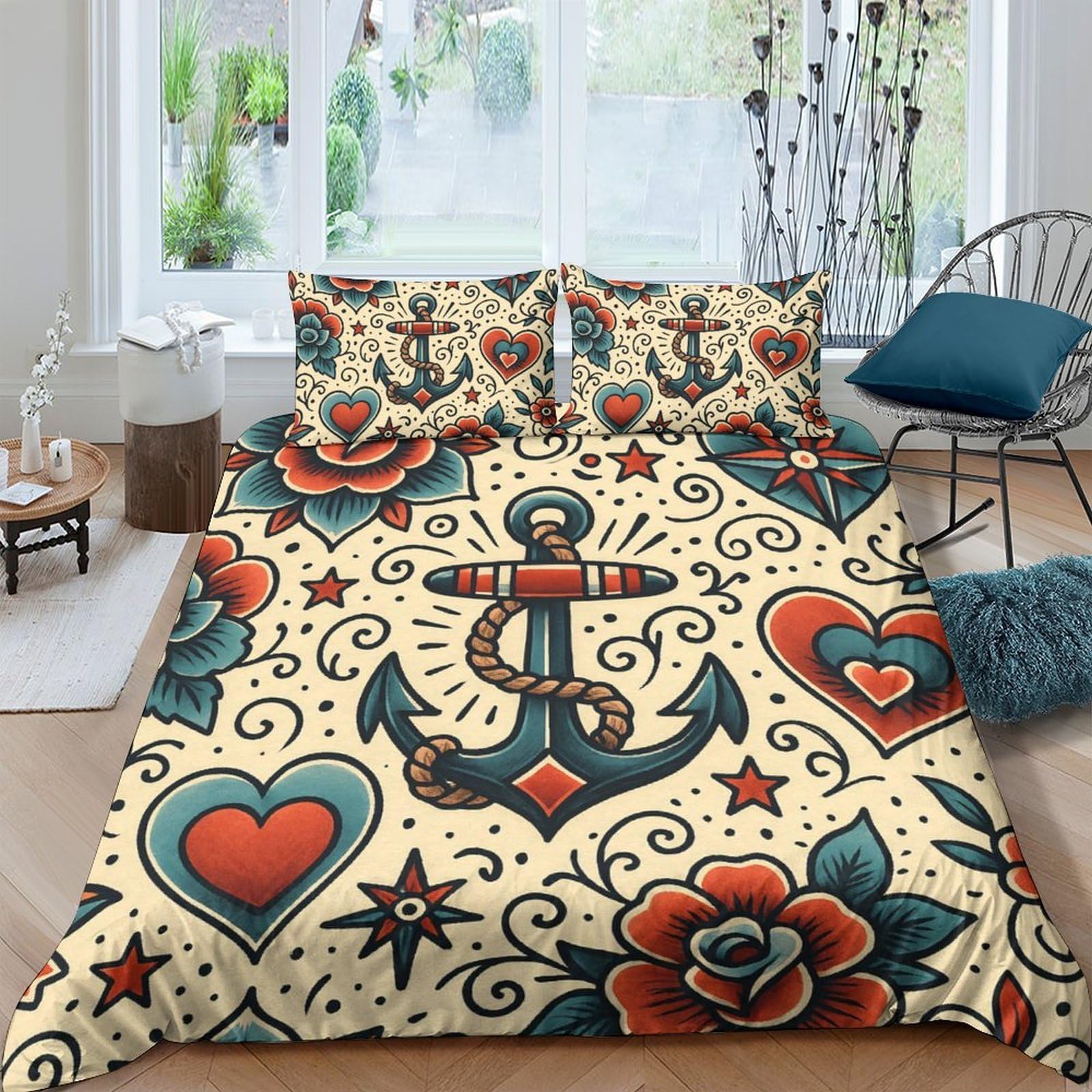 Housse de couette anti-pli motif marin 140x200cm microfibre douce sans repassage