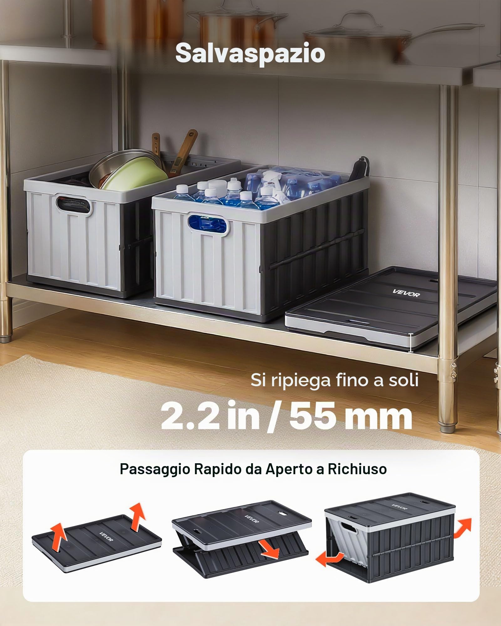 VEVOR Scatole Portaoggetti Pieghevoli in Plastica 65 L, Casse Pieghevoli Impilabili con Coperchio e Maniglie, Set da 3 PZ, Portata Massima 38 kg, Cesti Contenitori Pieghevoli Resistenti e Salvaspazio
