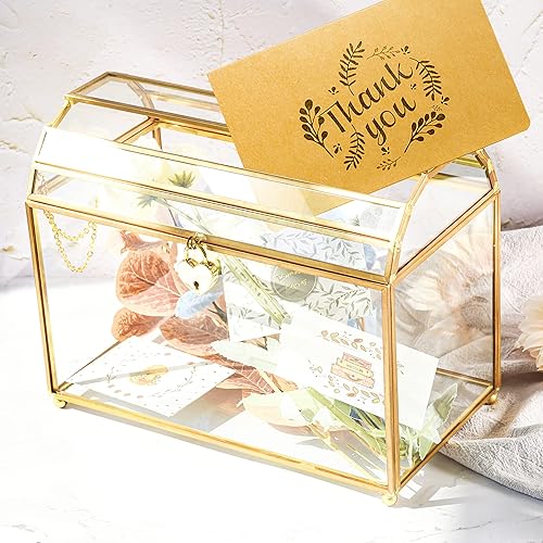 Miniatura 2 de Levilan Caja para tarjetas de regalo de boda con cerradura y ranura, caja de cristal dorado para boleta, donación, rifarecepción, cerradura de