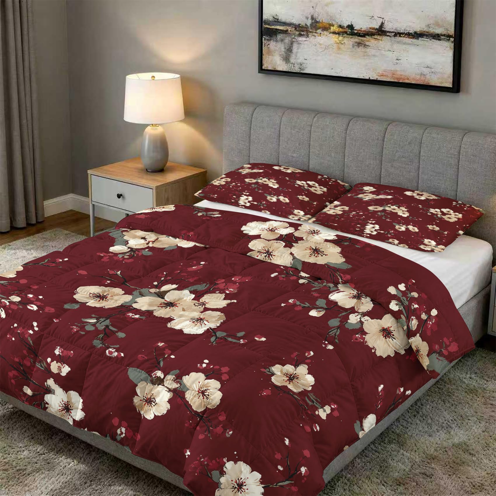 Blumenmuster Bettdecke 135x200 4 Jahreszeiten, Weinrot Bordeaux Rot Blumen Bettdecke Ohne Bezug Warm Steppdecke Ganzjahresdecke Winterdecke Mit Kissenbezug, Schlafzimmer Deko Blumenmuster