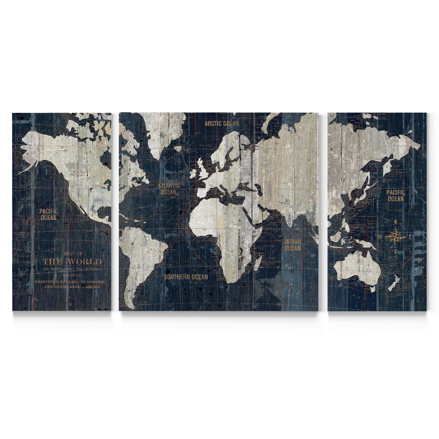 Renditions GalleryOld World Map Canvas Wall Art, White and Grey, Antique Travel Map of the World, Vintage, Premium Gallery Wrapped, Ready to Hang, Multi Piece, Overall Size: 32"x64", Made in USA