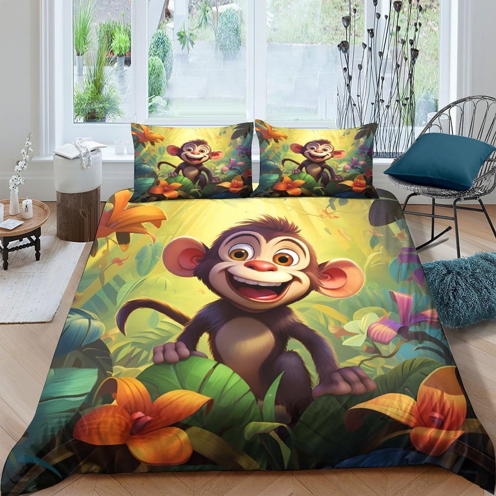 Ctjqhvkz Style-3 3D Printed Cartoon Monkey Fitted Sheet Microfiber Soft Jungle Flowers Mattress Cover For Bedroom Guest Room Decor Single（135X200cm）
