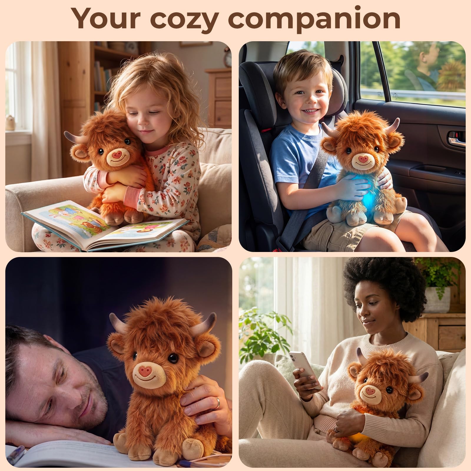 Mewaii Highland Cow Mikrowellen Wärmekissen, 25cm 0.45kg Gewichtskuscheltier mit Mikrowellengeeignetes Heizkissen, Süßes Flauschiges Hochlandrind Kuscheltier Festliches Geschenk für Kinder und Frauen