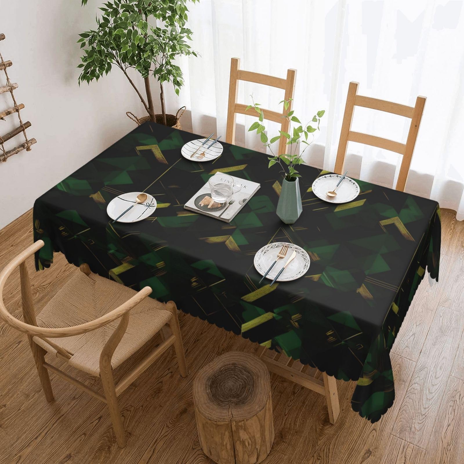 Nappe géométrique noir vert doré pour dîners raffinés