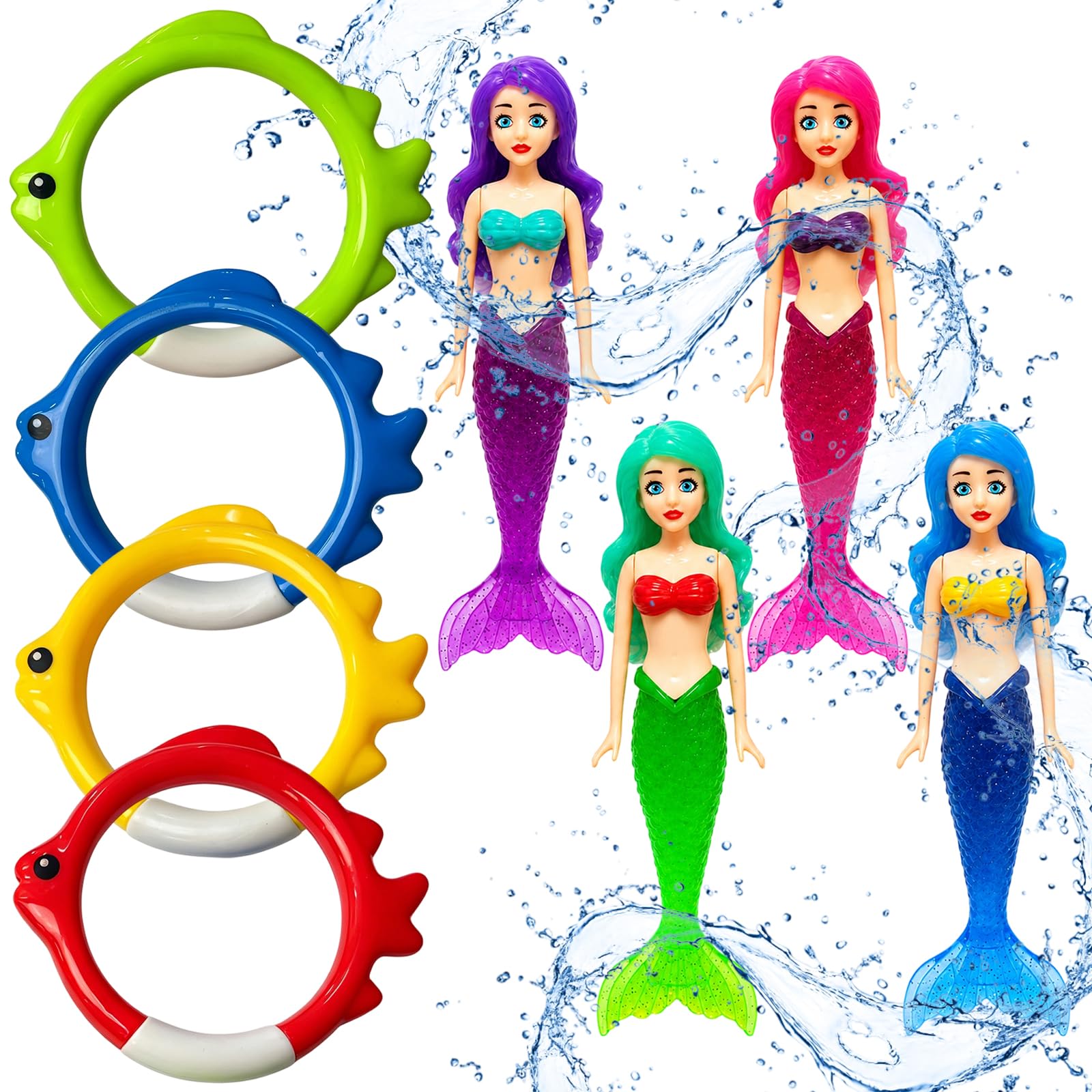 XLTXWD 8 Pack Pool Sinkers Diving Sticks Sinkers Swimming Accessories 4 Mermaid Figures 4 Fish Ring Dive Supplies For Pool Swimming Training Water Games