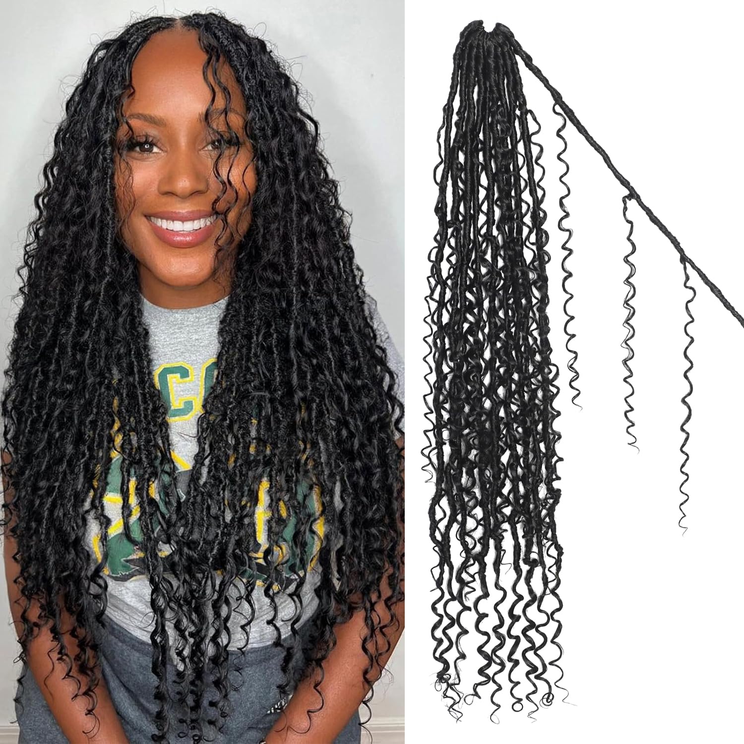 Boho Faux Locs Crochet Hair 24 Inch Goddess Locs 8 Packs Boho Soft Locs Crochet Hair with Curly Ends Pre-looped Long Bohemian River for Black Women (1B#