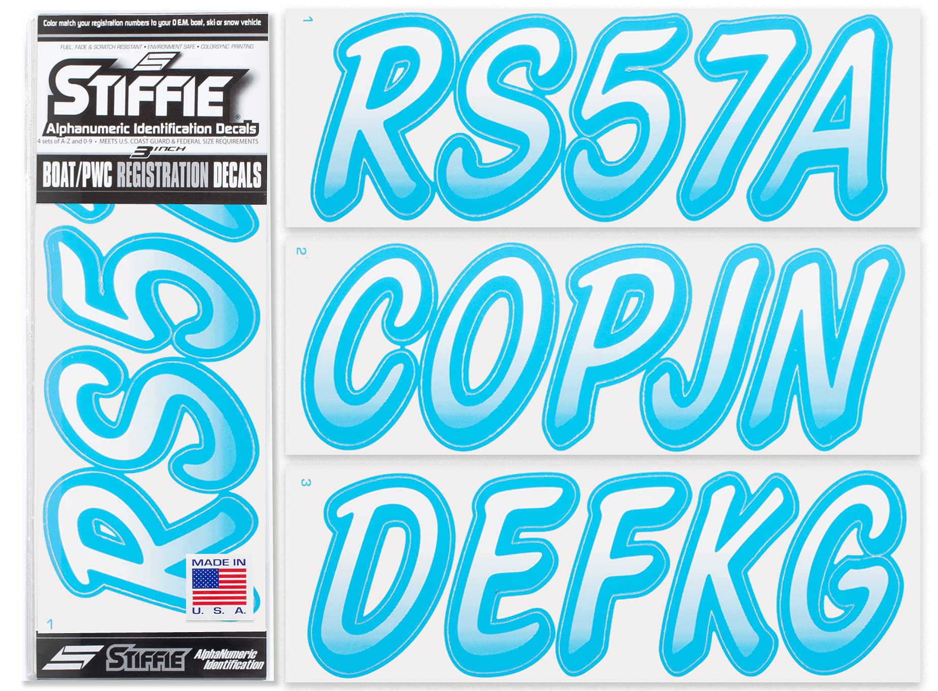 STIFFIE Whipline White/Sky Blue 3" Boat &amp; PWC Registration Decals • Numbers Letters Stickers