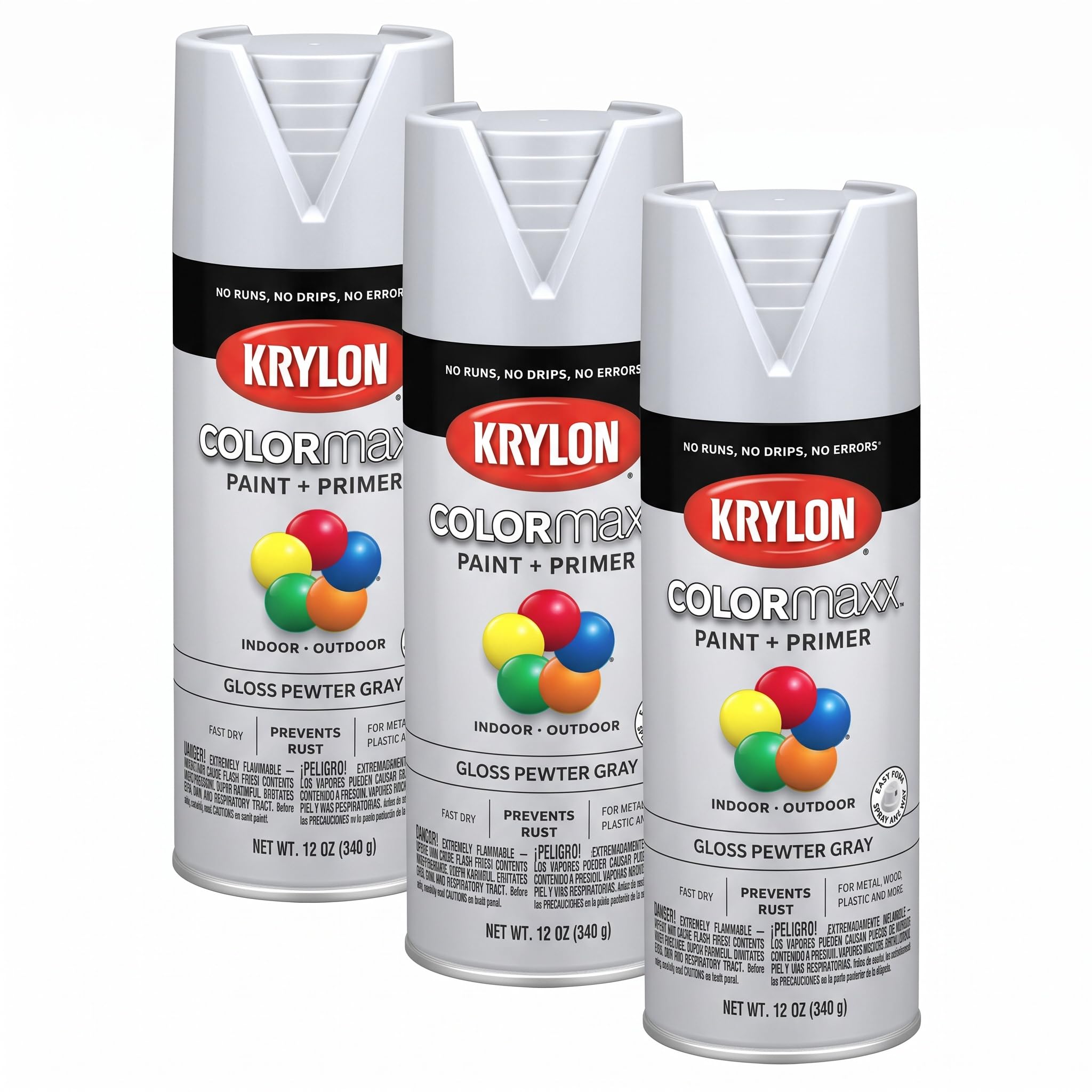 Krylon K05531007 COLORmaxx Spray Paint and Primer for Indoor/Outdoor Use, Gloss Pewter Gray, 12 Ounce (Pack of 3)