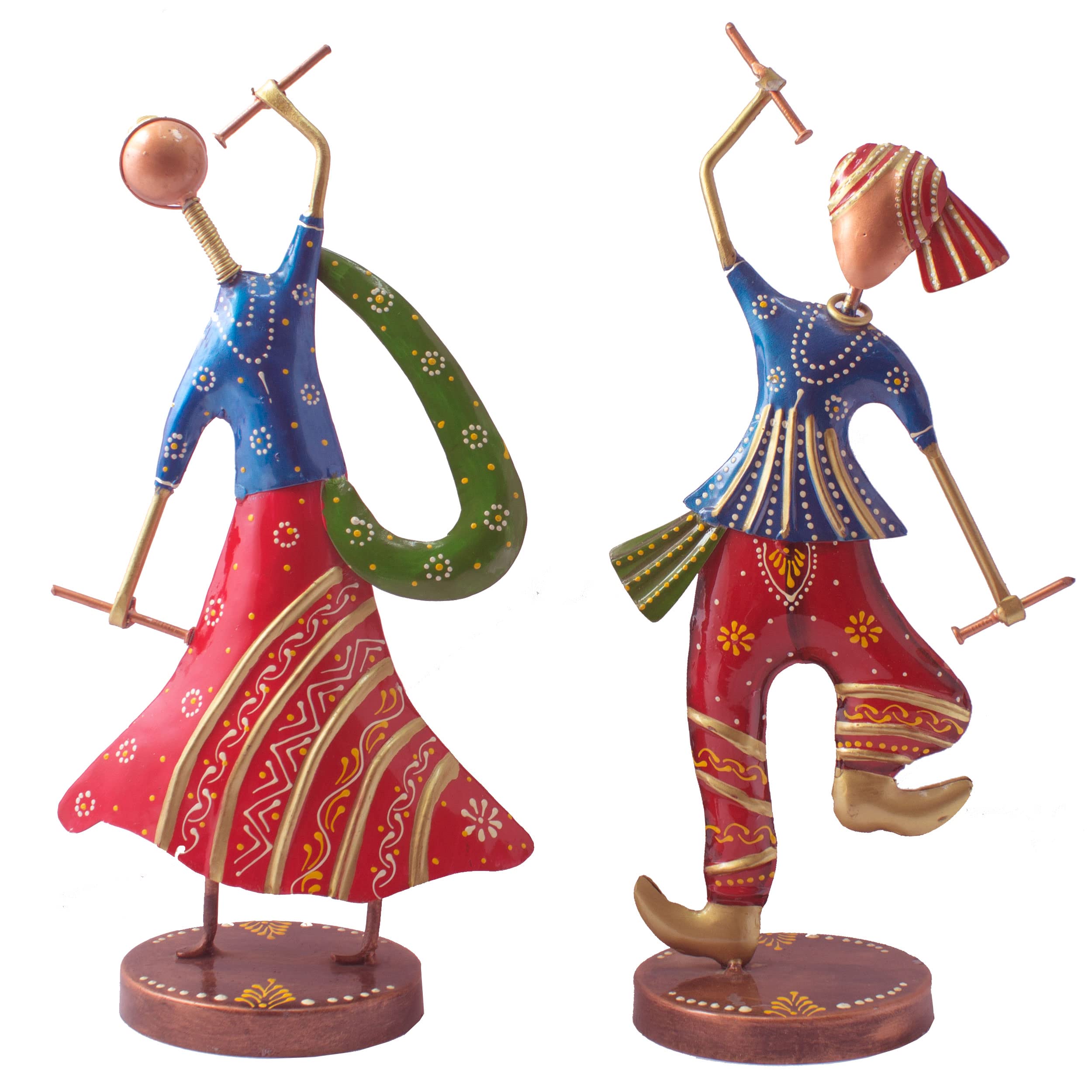 KRAFTSKALA Home Decor Gujarati Dancing Couple Set of 2 Colourful Dandia Dancers Iron Figurine Statue for Home, Living Room, Gifts (14 inch)