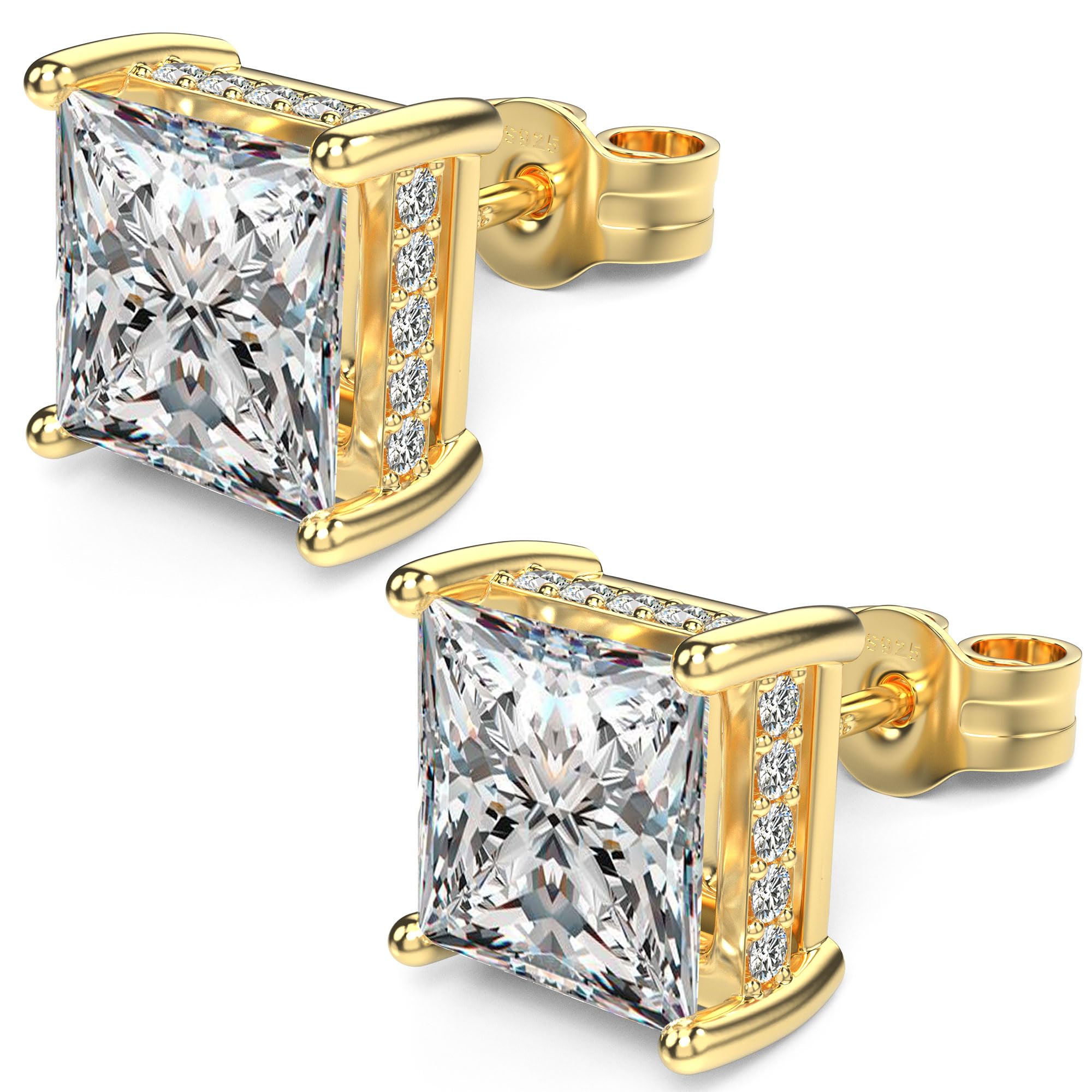 TATCAI 18K White Gold Plated Sterling Silver Princess Cut Square Cubic Zirconia Stud Earrings for Women Men Clear CZ Diamond Stud Earrings