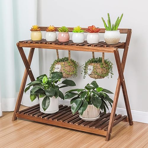 Miniatura 6 de Soporte para plantas de interior para múltiples plantas, estante esquinero de madera de 2 niveles con colgador para macetas al aire libre, soporte