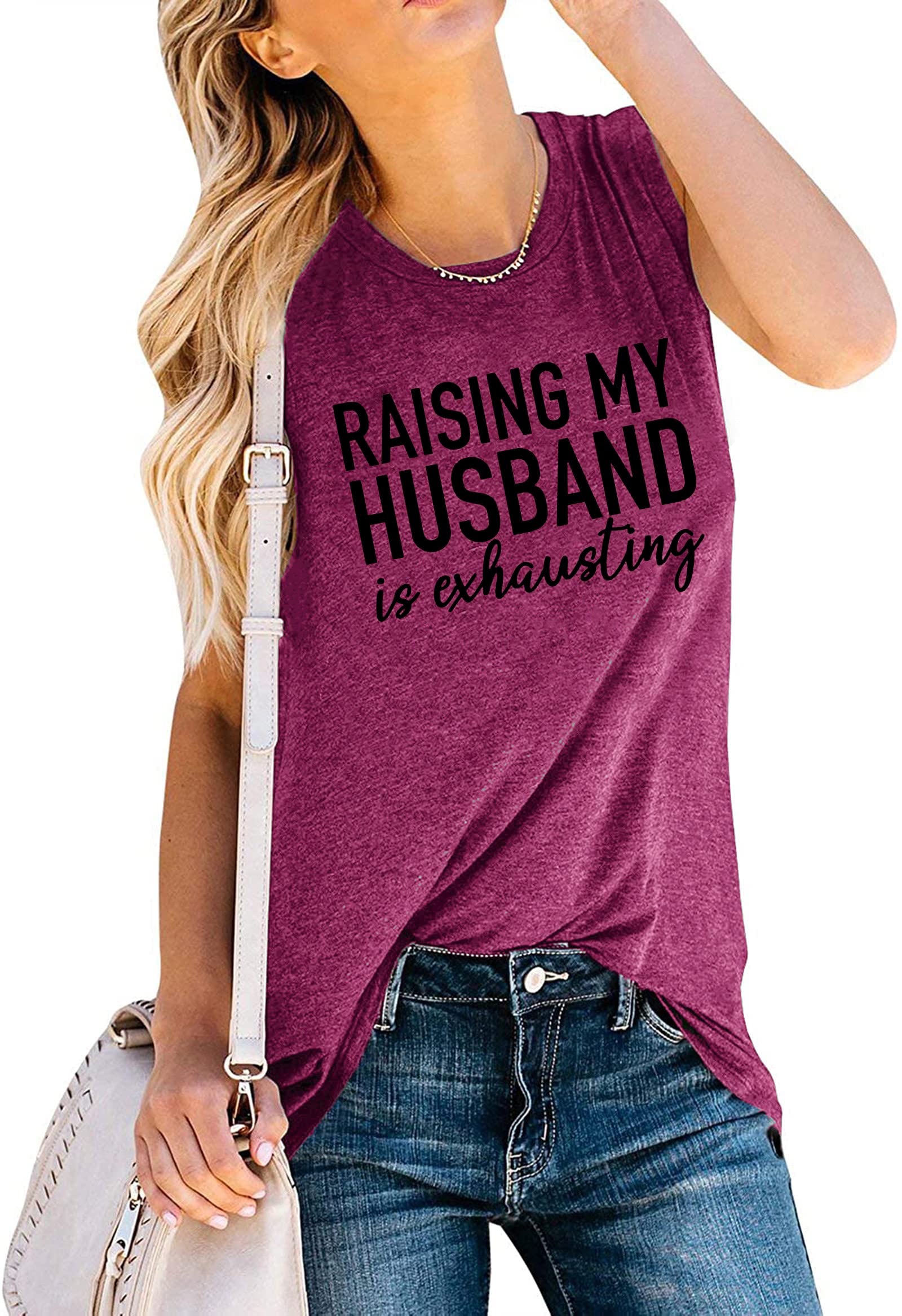 BealattWomen Raising My Husband is Exhausting T Shirts Wife Funny Saying Novelty Athletic Shirt Letter Graphic Tee Tops