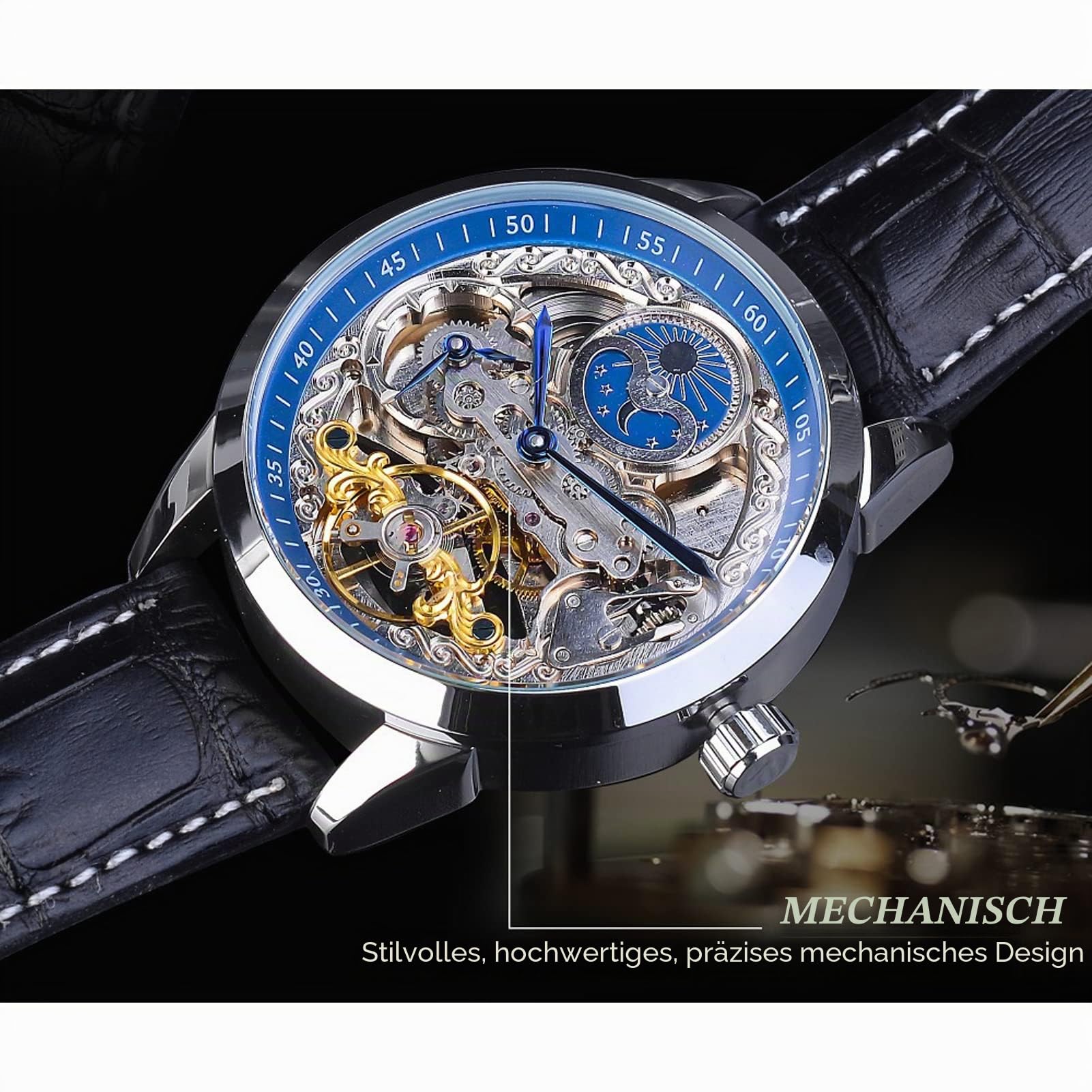 FORSINING Herren-Armbanduhr, Tourbillon, Mondphase, automatische Armbanduhr, Leder, modisch, Business, Skelett, Luxus-Uhren, Handaufzug
