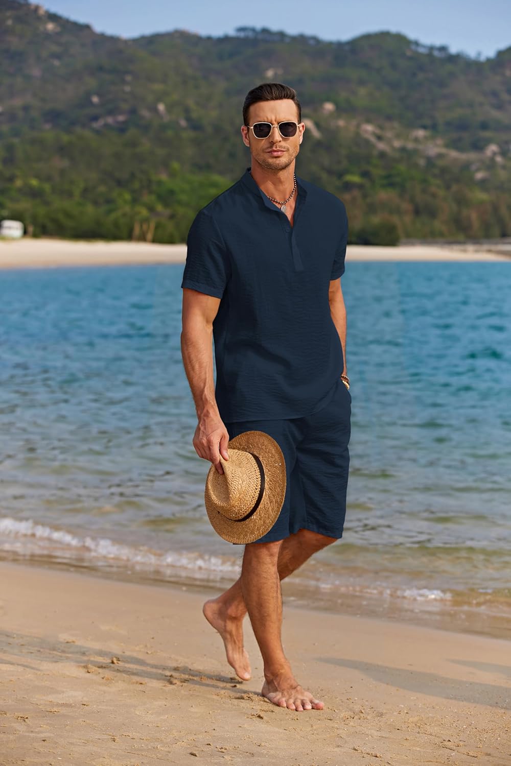 COOFANDY Men's 2 Pieces Linen Set Casual Henley Shirts Short Sleeve Beach Yoga Shorts Summer Pants Outfits - Image 8