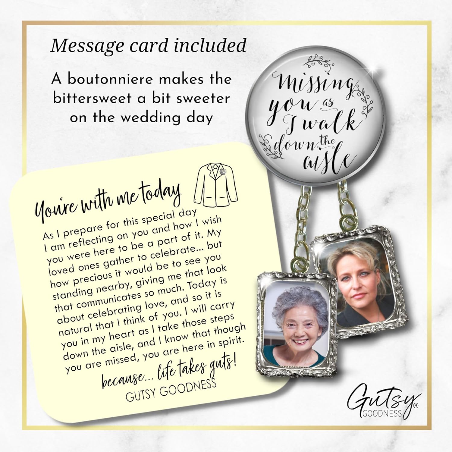 Gutsy Goodness Grooms Boutonniere Lapel Pin Missing You Wedding Day Memorial Photo Charm Parent Grandparent Friend Memory - Personalize Picture in Frame Option - Handmade Mens Brooch - Card Gift Box - Image 2