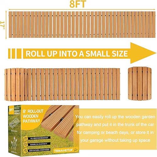 Miniatura 3 de Camino de jardín de madera de 8 pies, camino de madera enrollable resistente a la intemperie para patios al aire libre, pasarela de madera dura
