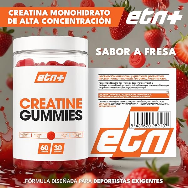 ETN+ Gominolas de Creatina Monohidratada 3000mg | 60 Gummies – 30 Servicios (para 1 mes) | Sin Azúcar, Sin Gluten | Alternativa Cómoda a la Creatina en Polvo | Ingredientes de Origen Natural | Fresa - 2