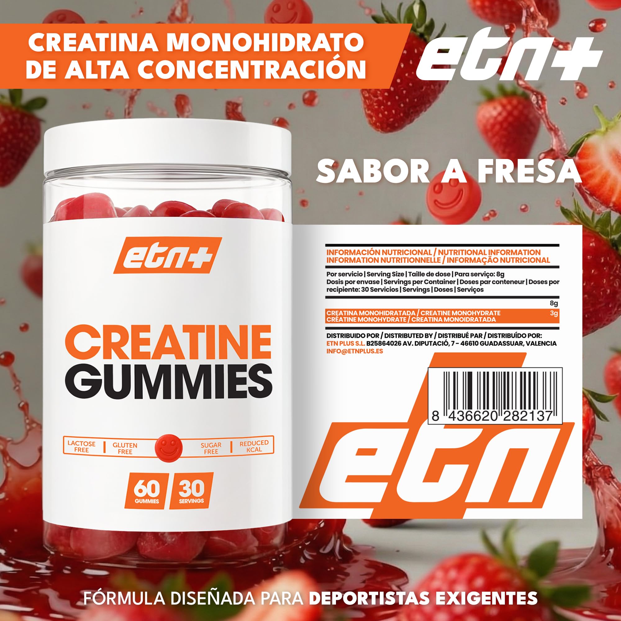 ETN+ Gominolas de Creatina Monohidratada 3000mg | 60 Gummies – 30 Servicios (para 1 mes) | Sin Azúcar, Sin Gluten | Alternativa Cómoda a la Creatina en Polvo | Ingredientes de Origen Natural | Fresa — view 2