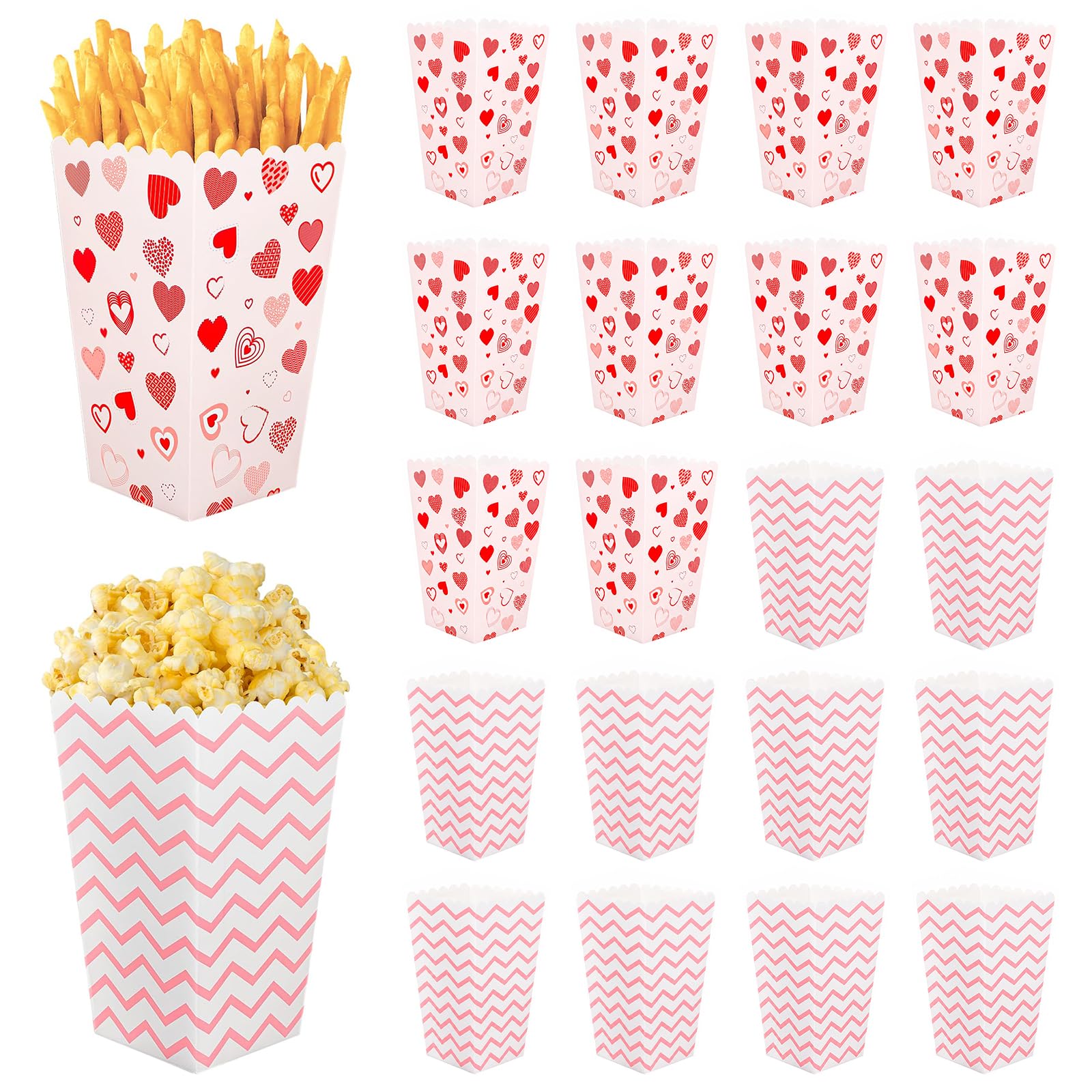 Pink Popcorn Boxes Paper Large 22PCS Striped Heart Popcorn Bags for Party Wedding Pink Pop Corn Boxes 16.5x9x7cm/6.49x3.54x2.75 Popcorn Bucket for Picnics Movie Night Birthday Holiday Favor Supplies