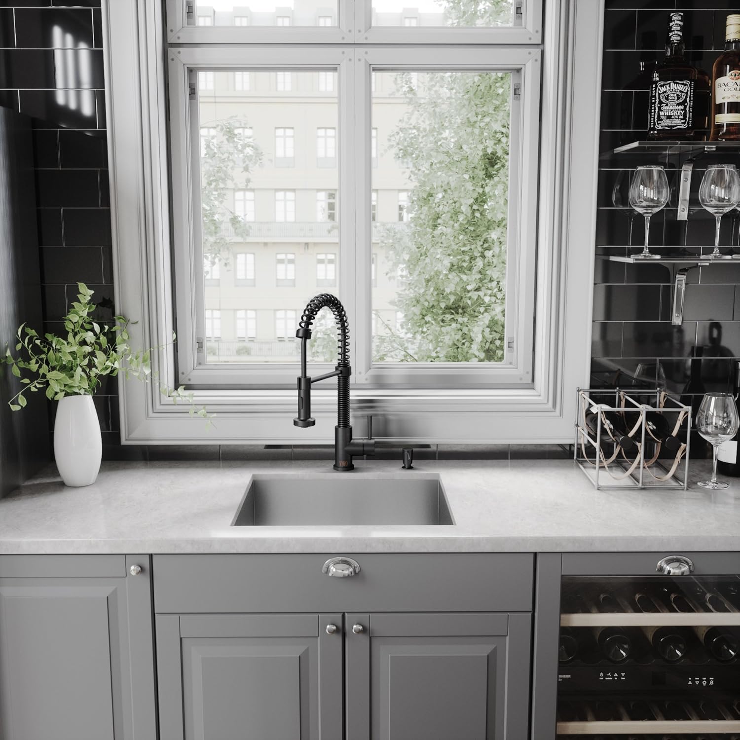 Matte Black Brass Pull-Down Kitchen Faucet with Soap Dispenser