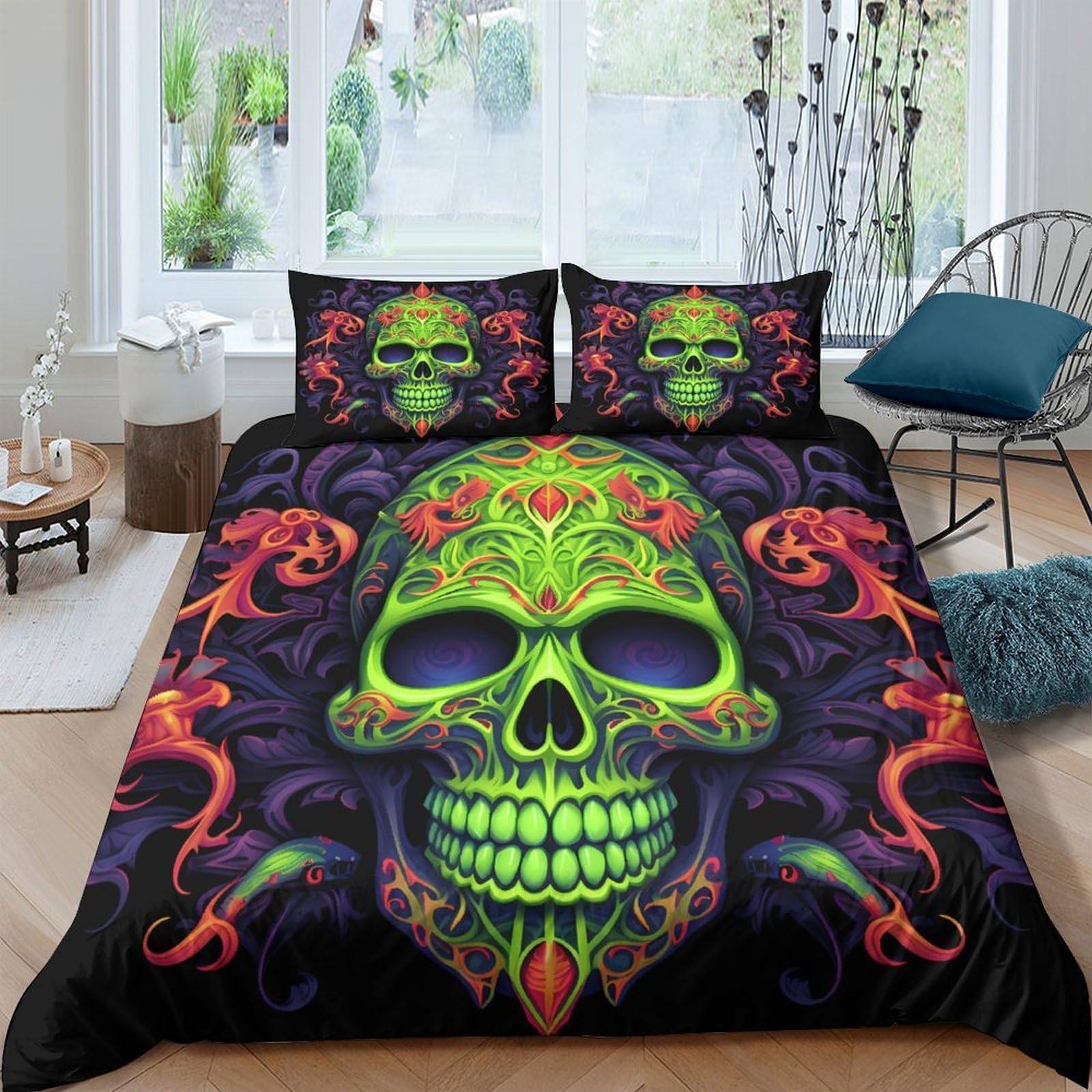 Ctjqhvkz Style-7 3D Printed Neon Skull Fitted Sheet Microfiber Soft Breathable Psychedelic Pattern Mattress Cover For Bedroom Dorm Decor Single（135X200cm）