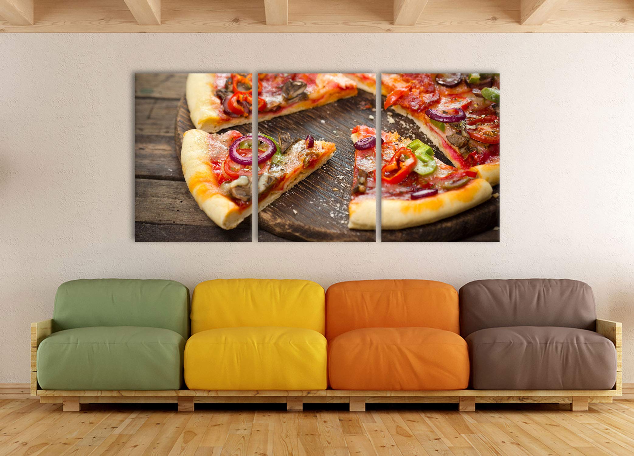 Pixxprint Leckere Pizza auf Holztisch als XXL Leinwandbild in Übergröße 210x100cm Gesamtmaß 3 teilig, Wandbild, Kunstdruck