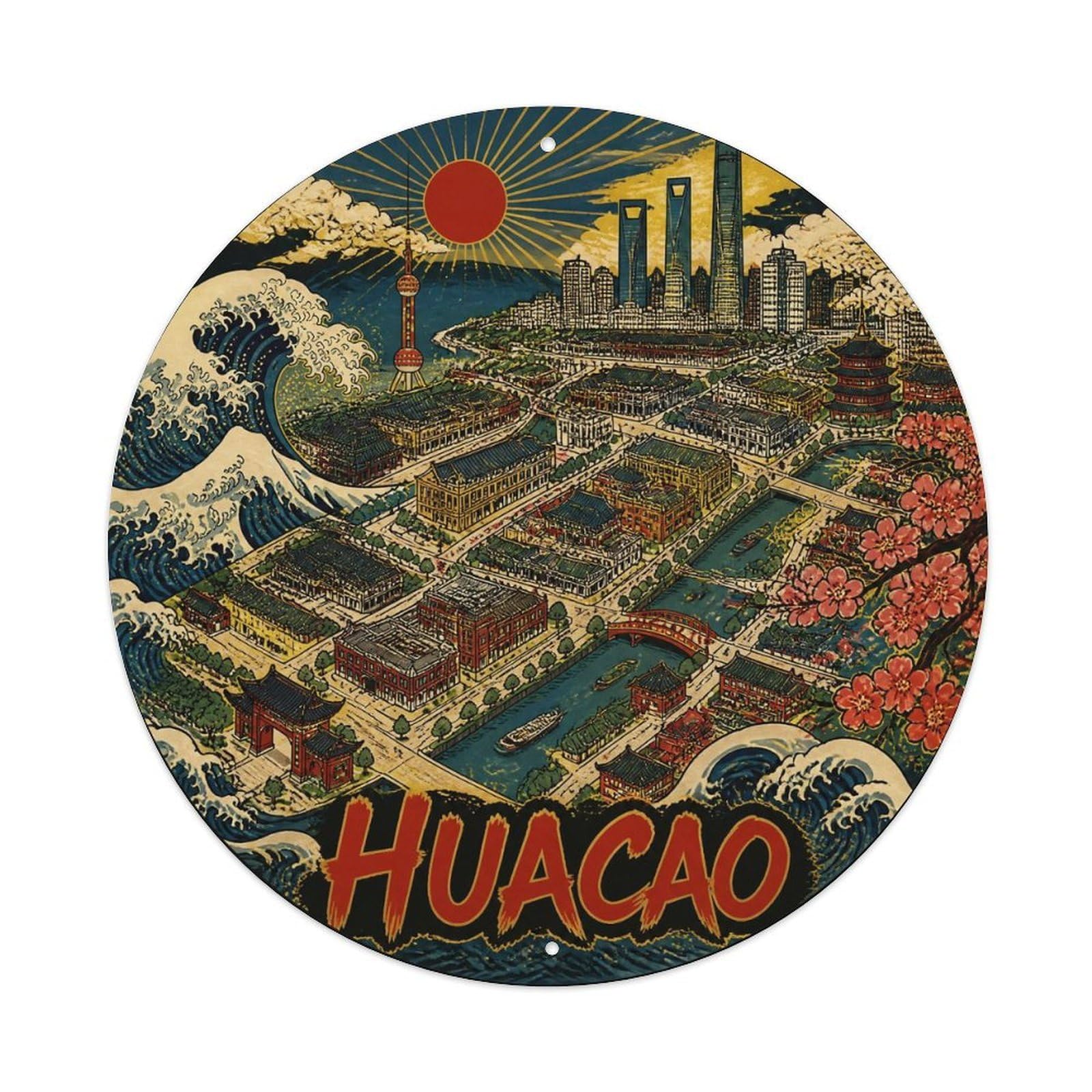 Odgynaw 8X8inch(20X20cm) Huacao District Shanghai Collage Travel Color Blocks Metal Tin Sign