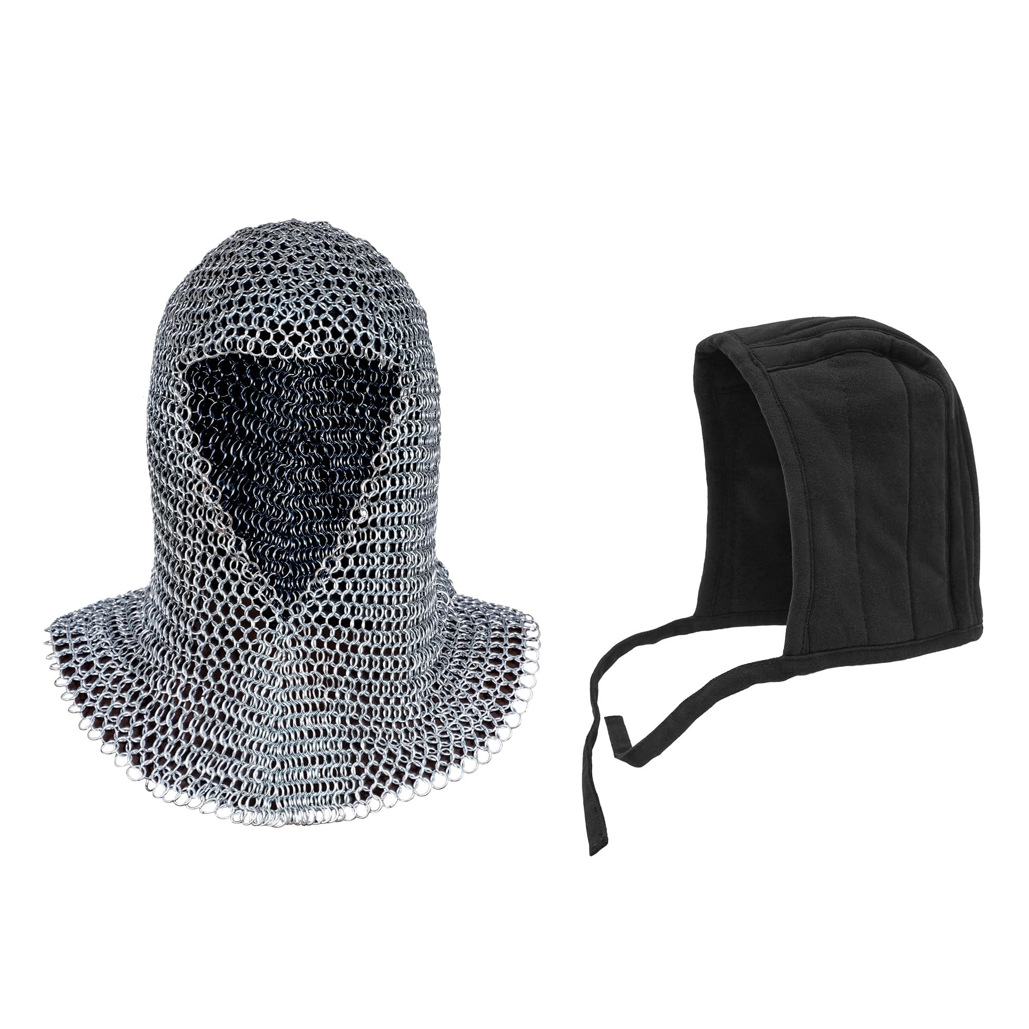 Lord Of Battles Unisex Natural Pack Of Chainmail Coif And Cotton Padded Arming Cap Protector Under Armor Chainmail Coif Ideal For Larp, Renfair (Alumium Coif W/Black Cap)