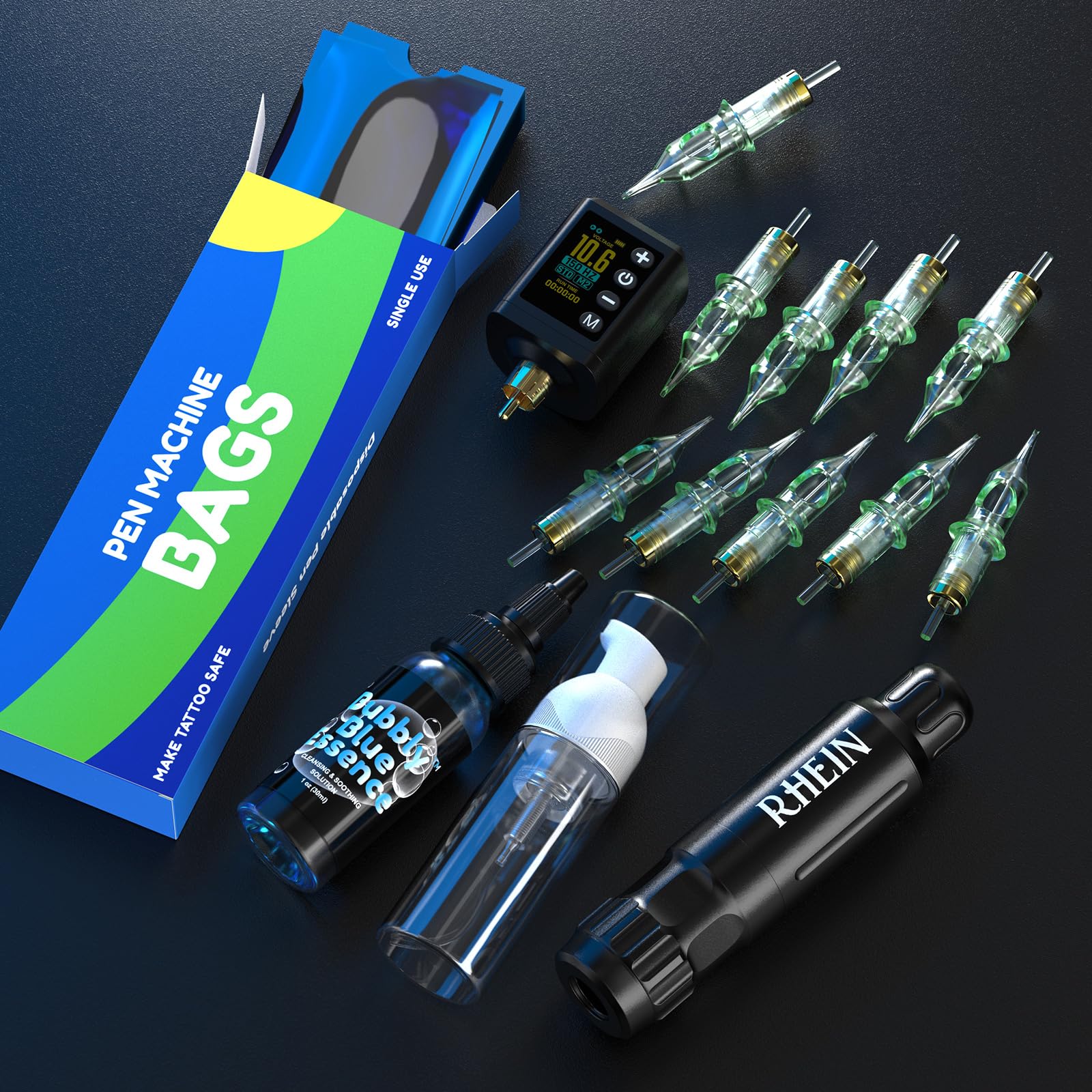 RHEIN Maquina de Tatuar Kit de Tatuaje Completo, 1600mAh LED Bateria Fuente de Alimentacion, 4 modos de memoria STD/NPS,Agujas de Tatuaje, Tintas Colores para Tatuar con Todos Necesitos