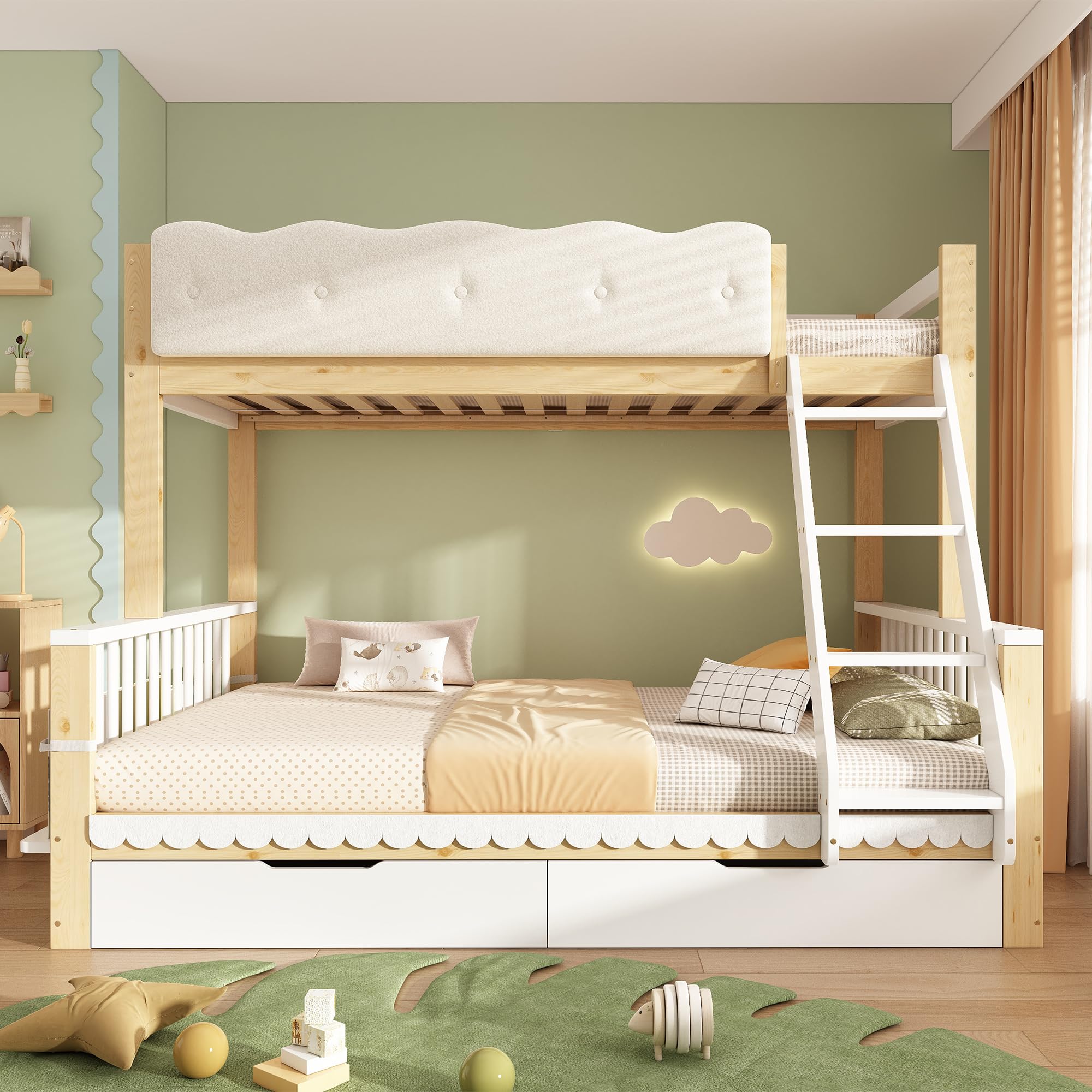 Zepneiy Lit Superposé 90x200 et 140x200 avec Balustrade nuageuse et tiroirs,Lit Enfant avec Porte-revues, pour Enfants et Adultes,Blanc et Chêne (sans Matelas)