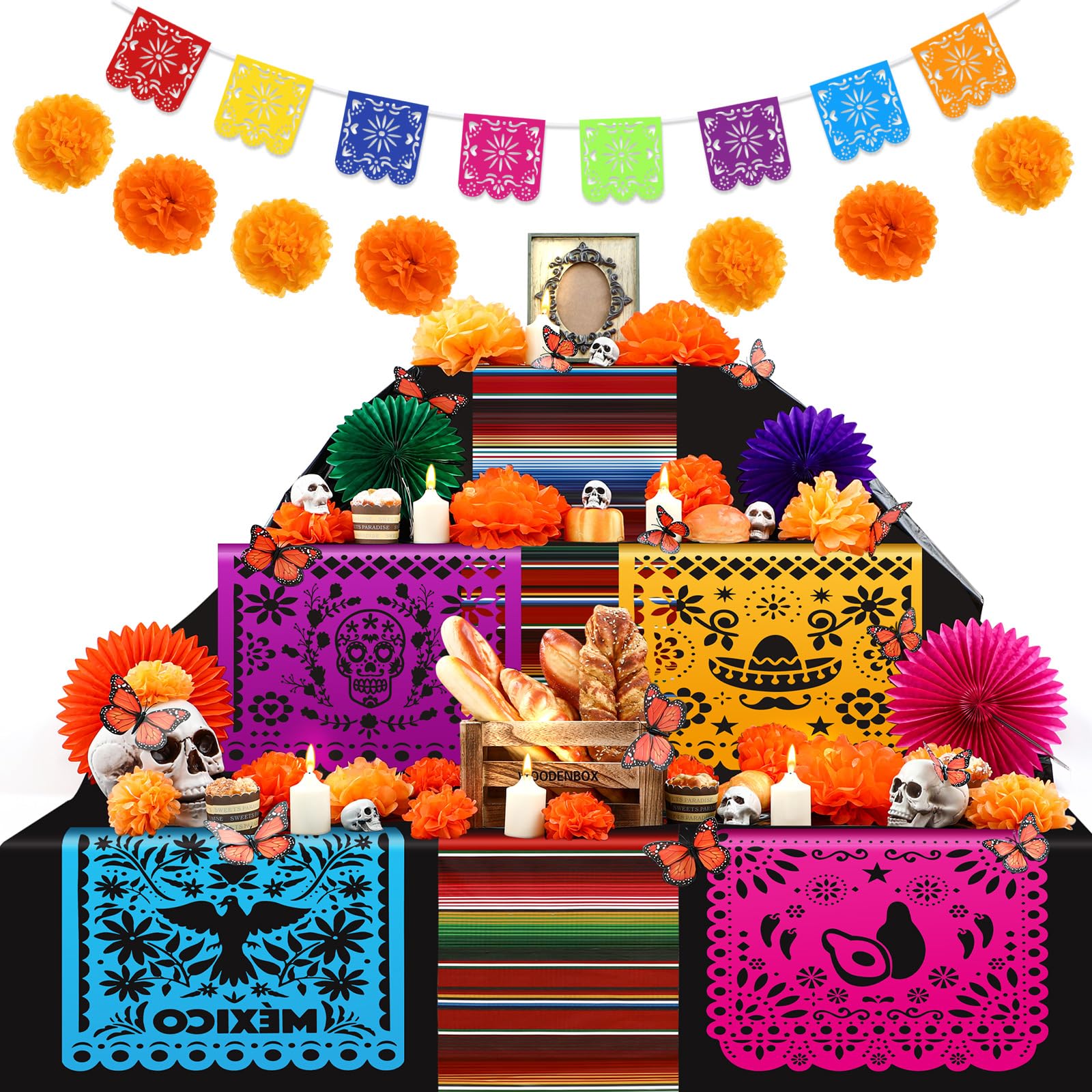 Kit décoration autel Dia de Muertos 82 accessoires de fête mexicaine nappe fleurs papel picado