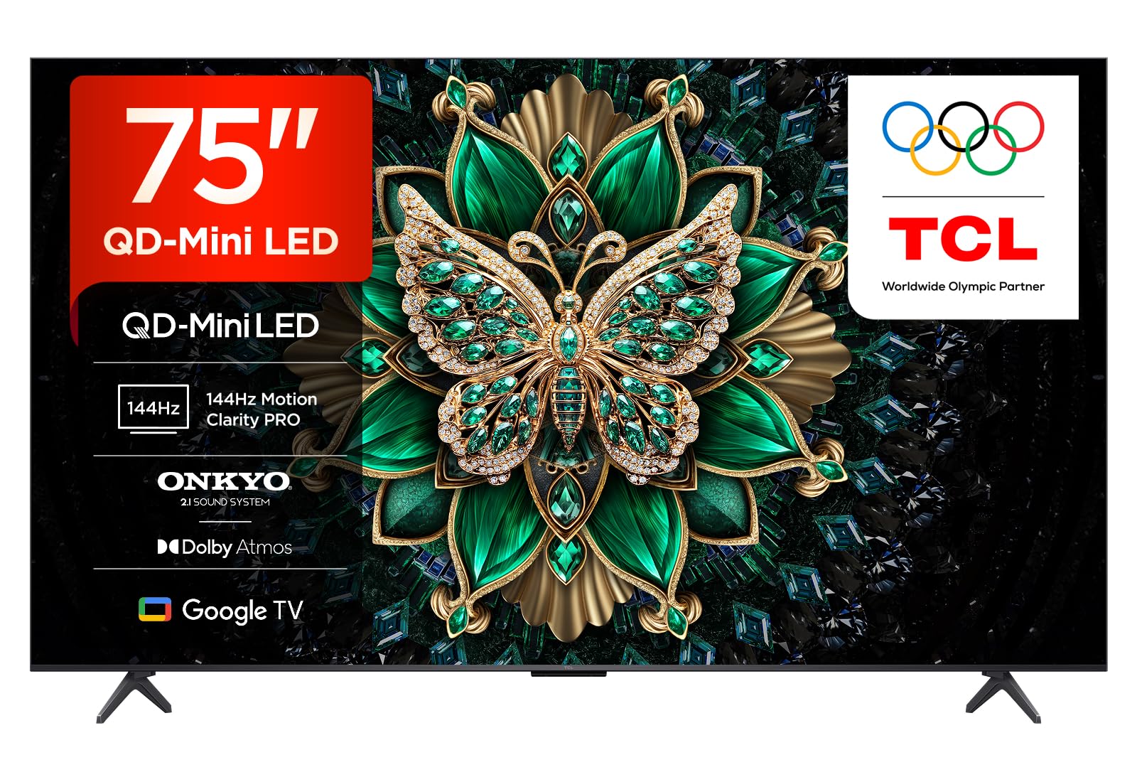 TCL 75C6K-UK 75 Inch QD-Mini LED TV, 4K HDR Premium 1000nits, Smart TV Powered by Google TV (Dolby Vision IQ & Atmos, Onkyo 2.1 Sound System, 144Hz Motion Clarity Pro)