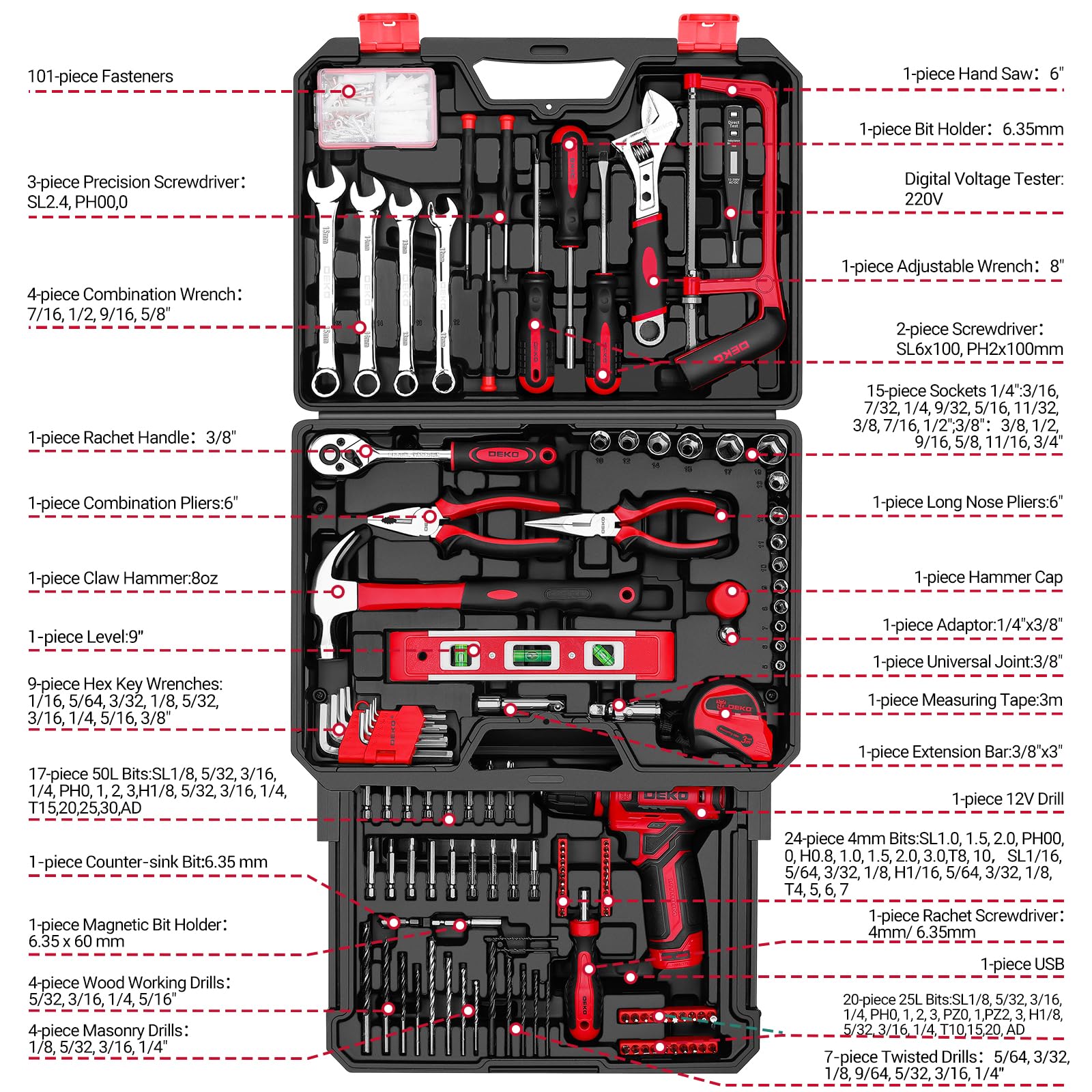 DEKO Caisse à Outils 238 Pièces avec Visseuse Sans Fil 12V 12N.m 800RPM - Boîte à Outils Rouge