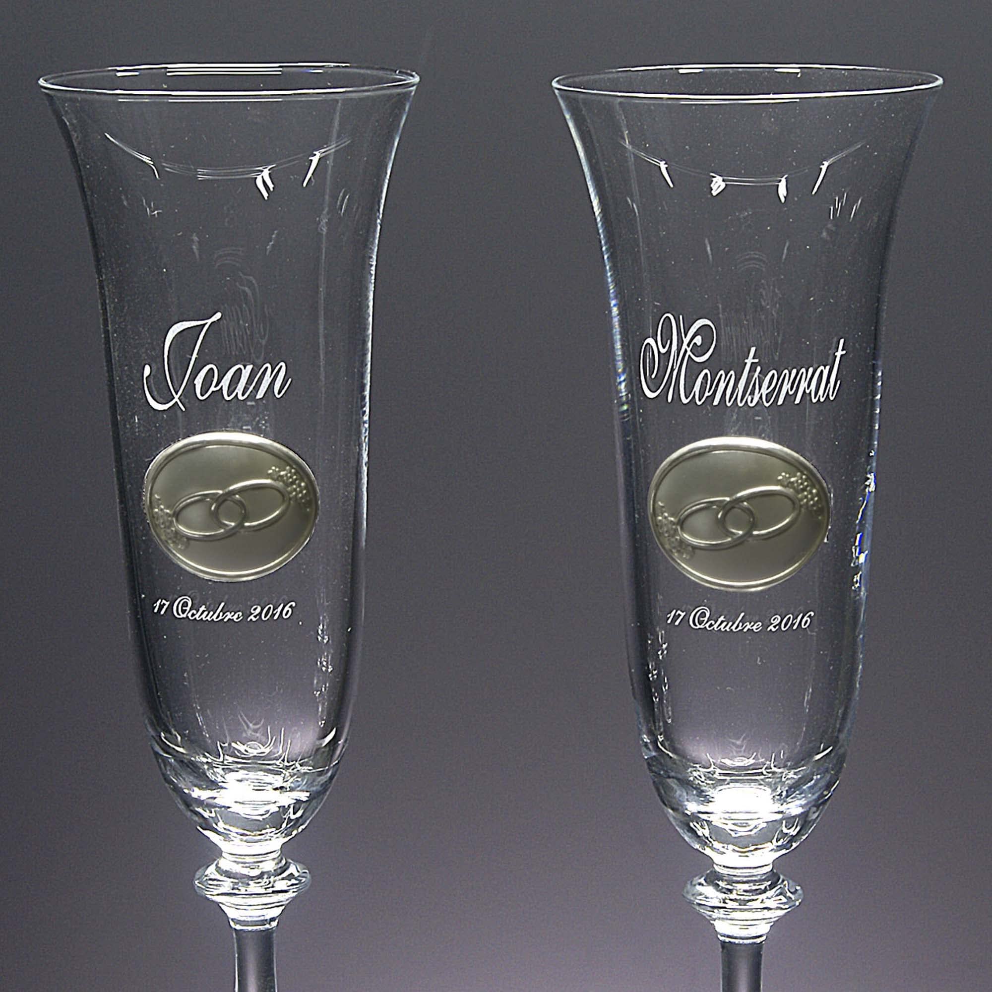 Gala&K | Set de 2 copas de cristal para champán | Para novios | Bodas de plata/oro | Aniversarios | Aplique bilaminado | Colección ANGELA-ALIANZAS+GRABADO LASER | Grabación personalizada.