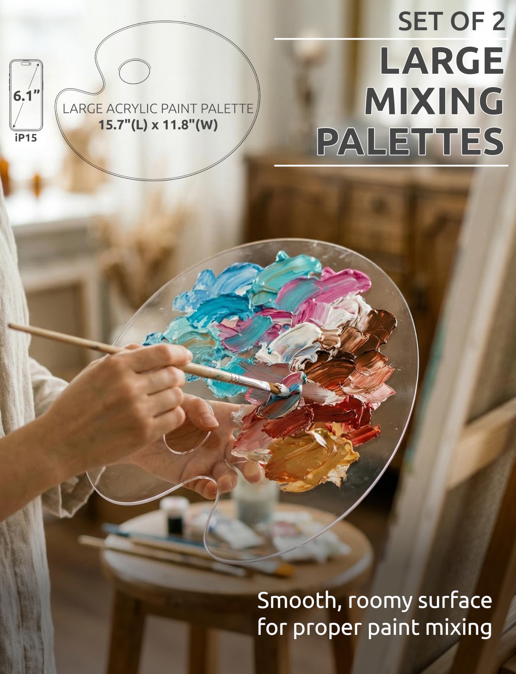 Paleta de Pintura acrílica Grande, 2 Piezas de 15.7 x 11.8 Pulgadas, Bandeja de Mezcla de Pintura al óleo acrílica Transparente Ovalada, cómoda de sostener y fácil de Limpiar, para Placa de Pintura | Paleta de gran tamaño, superficie antiadherente, adecua