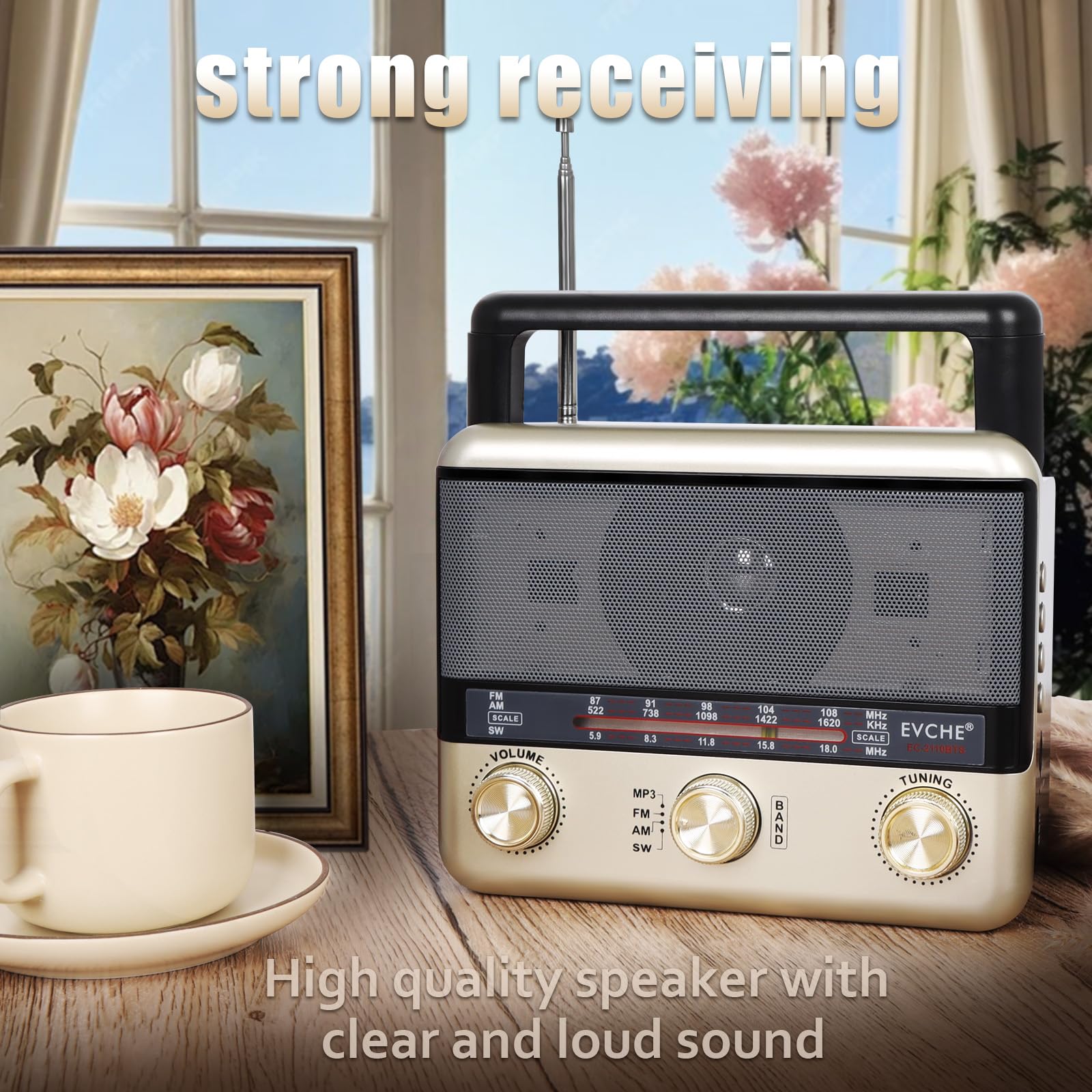Radio portátil retro AM FM SW radio de onda corta con altavoz Bluetooth, CA, solar, carga SUB, tarjeta TF, linterna de reproducción USB