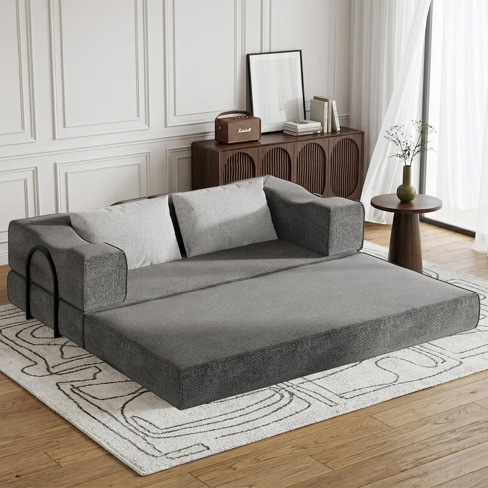 Photo 1 of ***PICTURE FOR REFERENCE ONLY***
80" King Size Convertible Sleeper Sofa Bed, Foldable Futon Couch with Memory Foam & 2 Pillows, Chenille Fabric Modular Loveseat for Small Spaces, Apartment, Living Room, Studio (Gray, 80in)