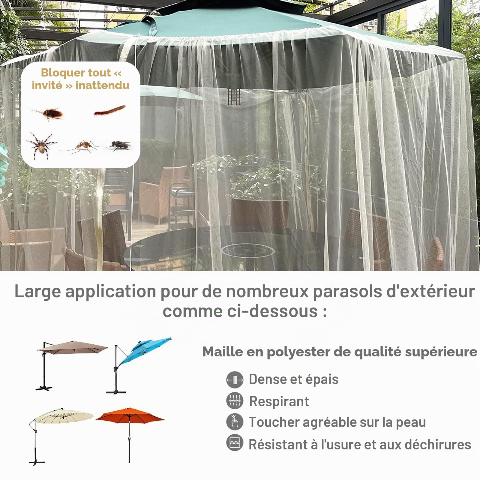 Moustiquaire pour parasols - Avec porte zippée - Pour parasols de 250 à 300 cm - Pour parasol de jardin déporté - Blanc