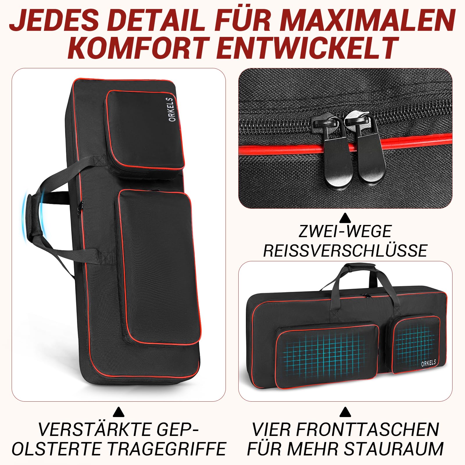 Funda para piano electrónico, acolchada, impermeable, 600D, con correas de mochila y compartimento para accesorios (49 teclas, 86 x 35 x 11 cm)