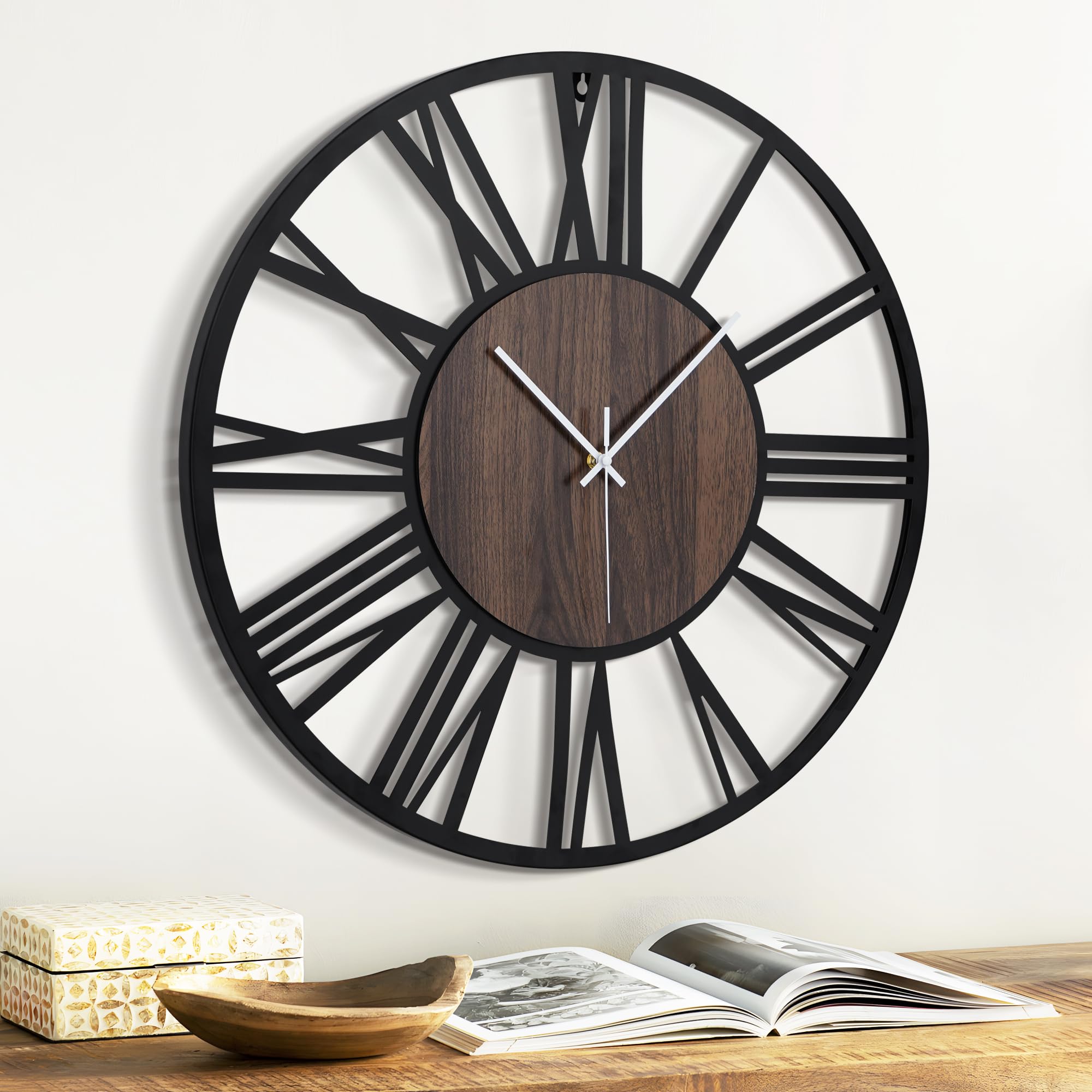 Jassurance 20IN Large Wall Clocks Battery Operated Black, Silent Wooden Metal Wall Clock for Living Room Decor, Kitchen Decorative Wall Clock Modern (Dark Wood, Roman-20IN)