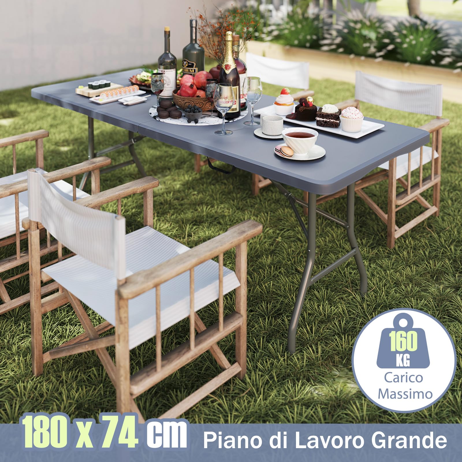 COSTWAY Tavolo Pieghevole Portatile da 180 cm, Tavolo da Campeggio in HDPE, Meccanismo di Blocco Sicuro, Tavolo da Picnic con Maniglia, Portata 160 kg (180 cm,Grigio)