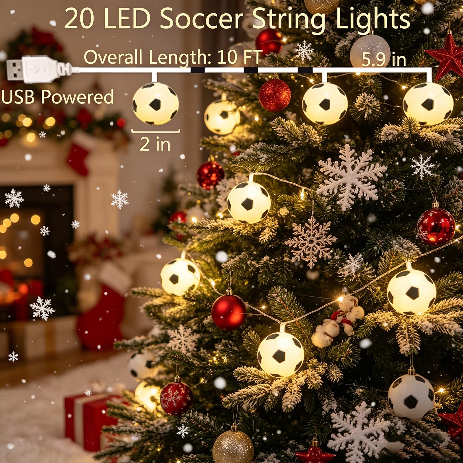 Fußball-Lichterkette, 20 LED-Kugeln, 3 m USB-betriebene Fußball-Themen-Lichterkette, warmweiß, perfekte Fußball-Dekorationen für Sportfans, dekorative Beleuchtung für den Innenbereich