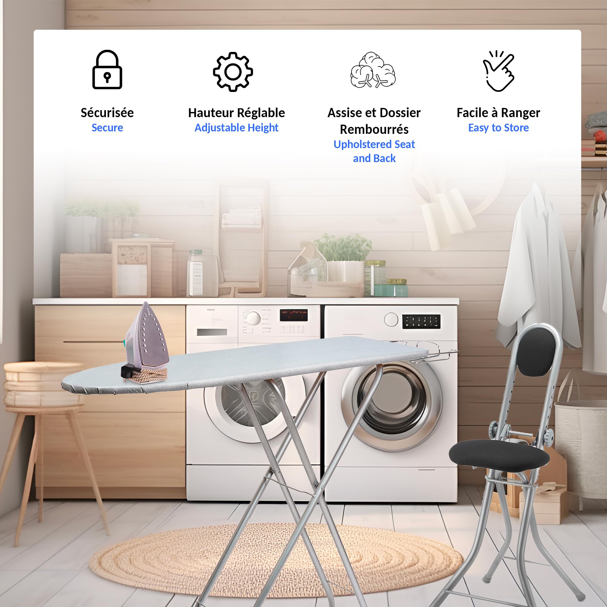 Fishtec Chaise Assis Debout Réglable en Hauteur - Siège Rembourré Idéal Repassage - Pliable Compacte - Charge 100 kg - Atelier Bureau Cuisine