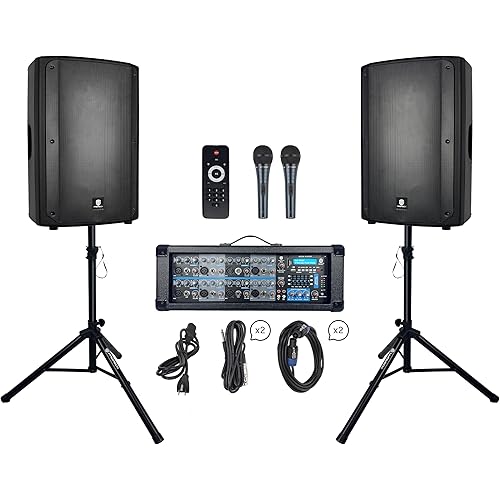 PRORECK Delta 158 2400W Bluetooth PA Speaker System with 8-Channel Powered Mixer, 2 15-Inch Passive Speakers, Stands, Reverb Effects, 15V Phantom Power. Perfect for DJs, Bands, Karaoke, Live Events.
