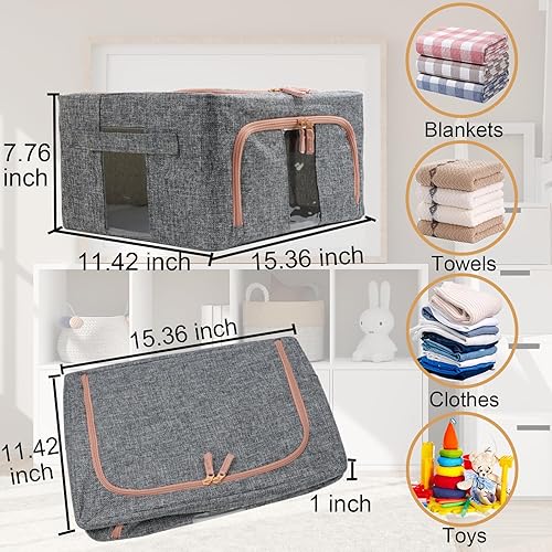Miniatura 5 de Linen Clothes Storage Bins, 4PCS Sturdy Closet Organizers and Storage Bin with Metal Frame, 2 Opening Ways Fabric Visible Lidded Storage Box for