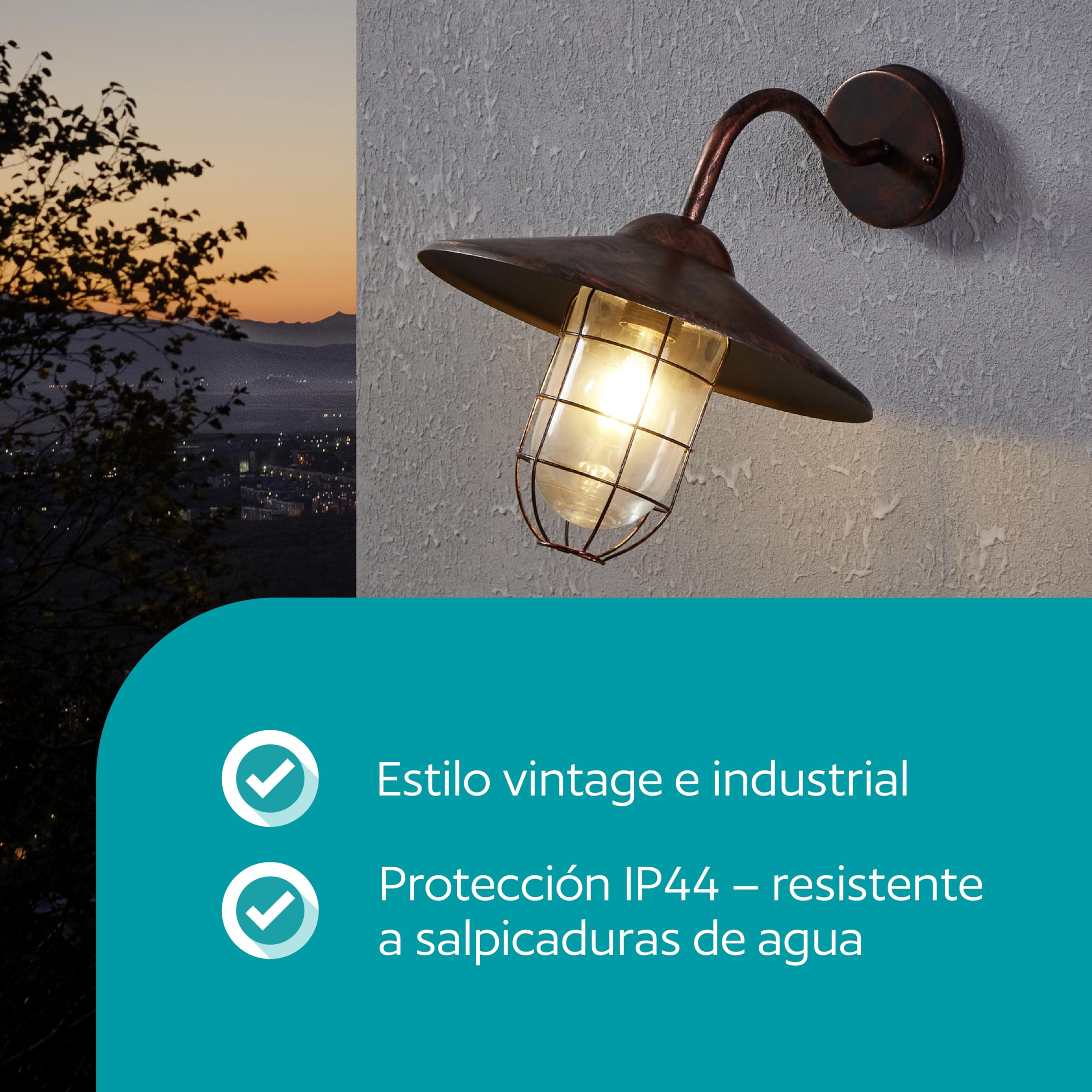 Eglo Melgoa Lámpara de pared para exterior, aplique de exterior de 1 foco | de acero galvanizado con aspecto oxidado y cristal, casquillo E27, IP44