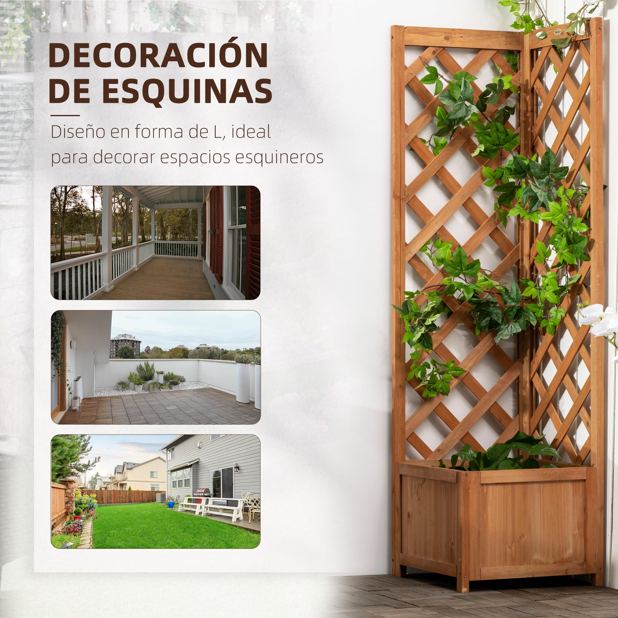 Outsunny Jardinera con Enrejado de Madera Macetero Exterior para Esquina Jardinera Elevada para Plantas Trepadoras en Patio Terraza 40x40x145 cm Marrón