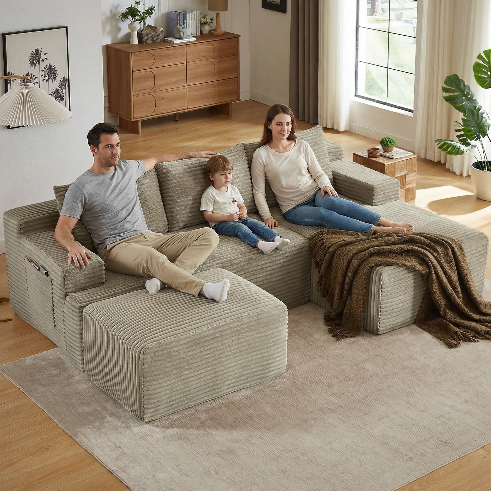 96" U-Shape Cloud Couch, Modern Modular Sectional L-Shape Sofa with Ottoman, Corduroy Upholstered Couches Deep Seat Sleeper Chaise Longue for Living Room, No Assembly Required(Camel, Right Facing)