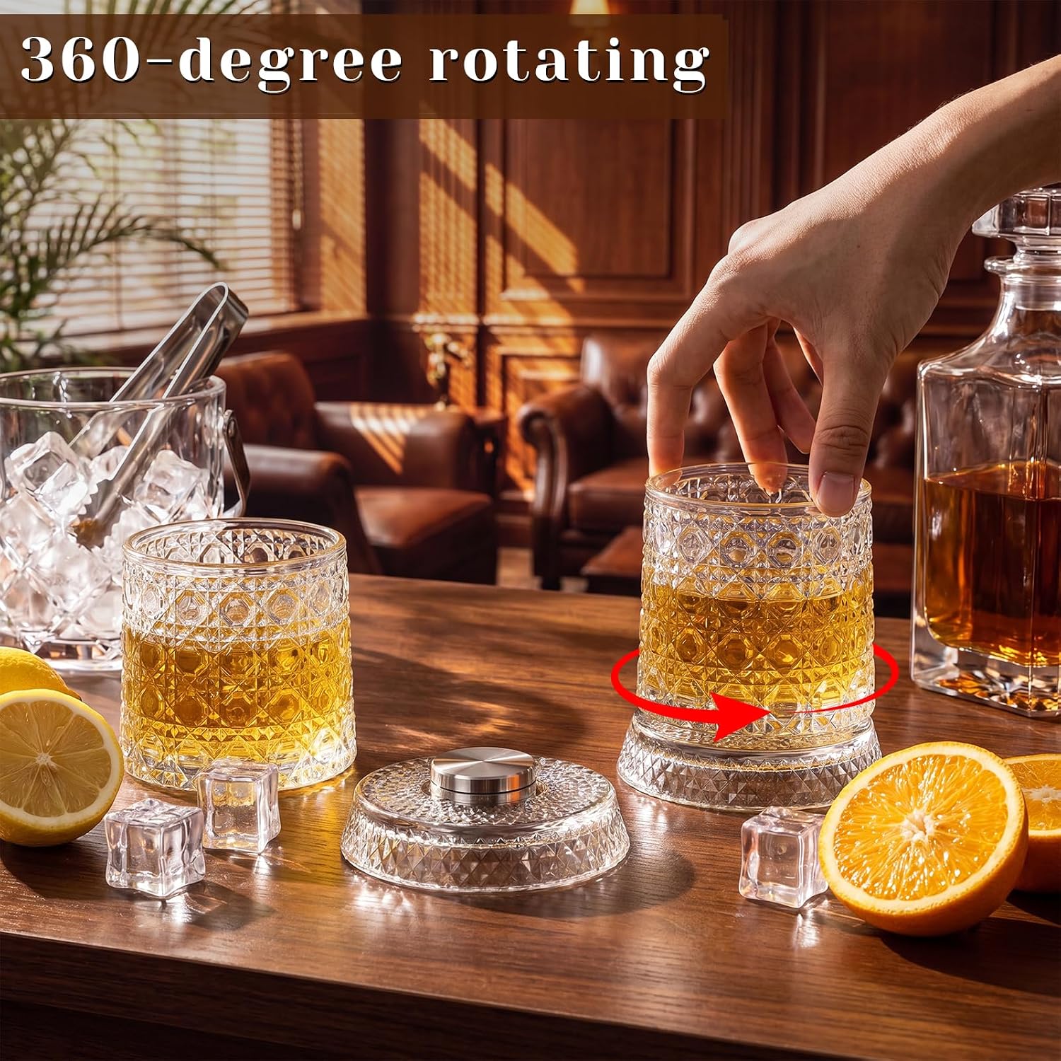 Mifoci 8 Pack 9 oz Rotating Whiskey Glasses Set Spinning Old Fashioned Glass with 360 Degree Rotating Aluminum Base Crystal Whiskey Glasses for Scotch Cocktail Unique Gifts for Men Dad (Gemstone)
