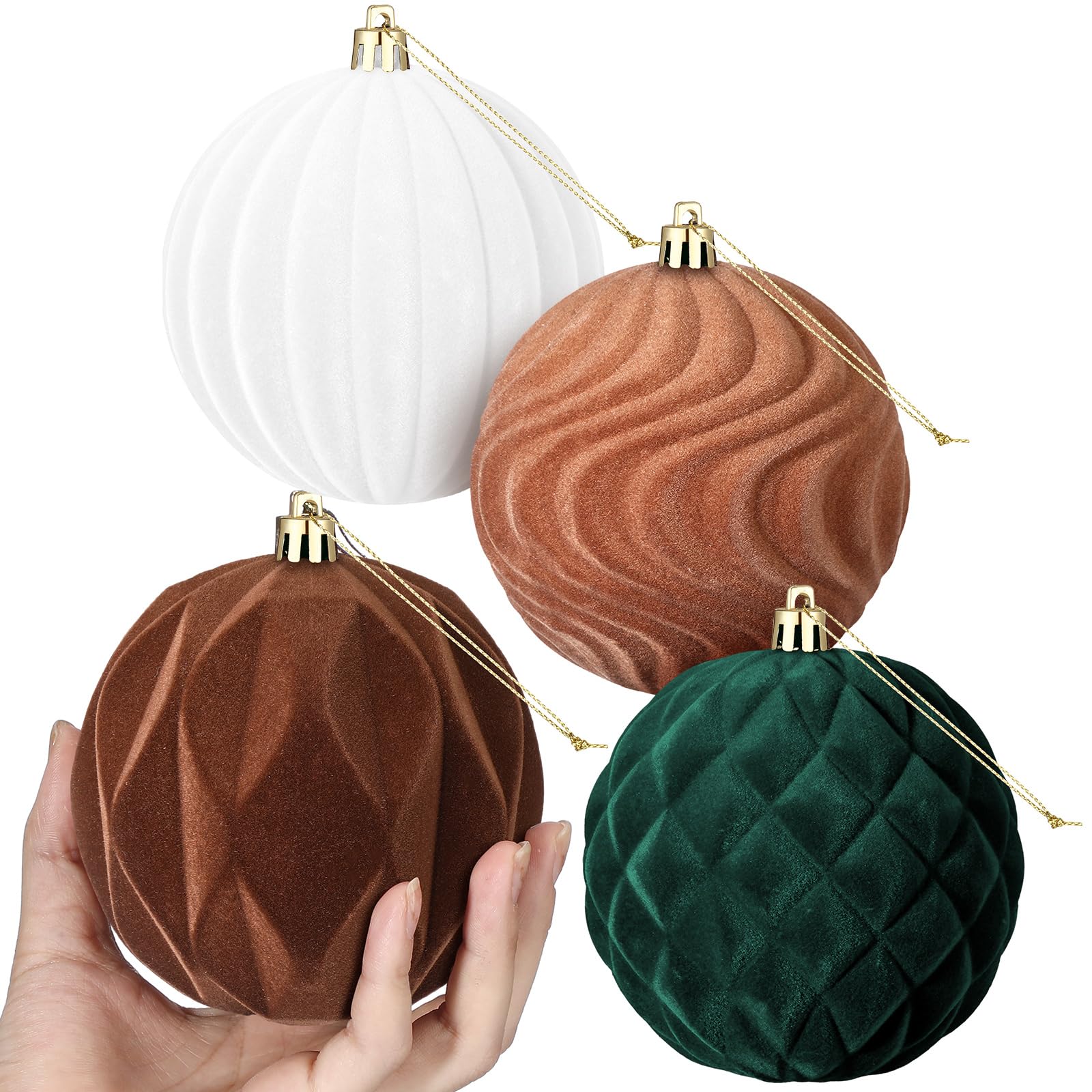 4 Pcs 4 Inch Large Velvet Christmas Ball Ornaments Vintage Christmas Plastic Ball Ornaments Flocked Christmas Tree Hanging Ornament for Xmas Party Wedding Home Decor (Brown Green White)